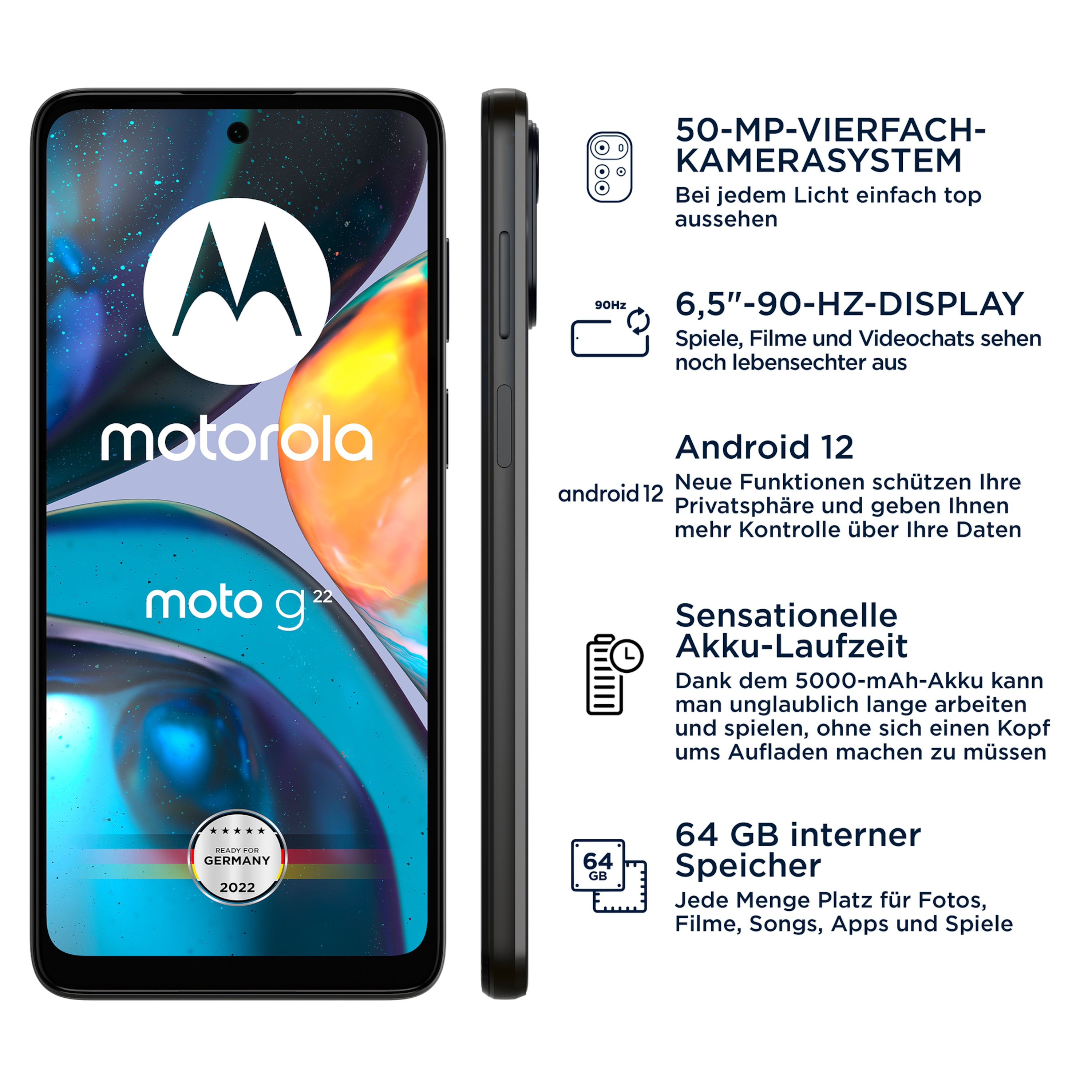 MOTOROLA moto g22 Smartphone, 16,51 cm (6,5") HD+ Display, Betriebssystem Android™ 12, 64 GB interner Speicher, 4 GB RAM, Fingerabdrucksensor, Farbe: Cosmic Black