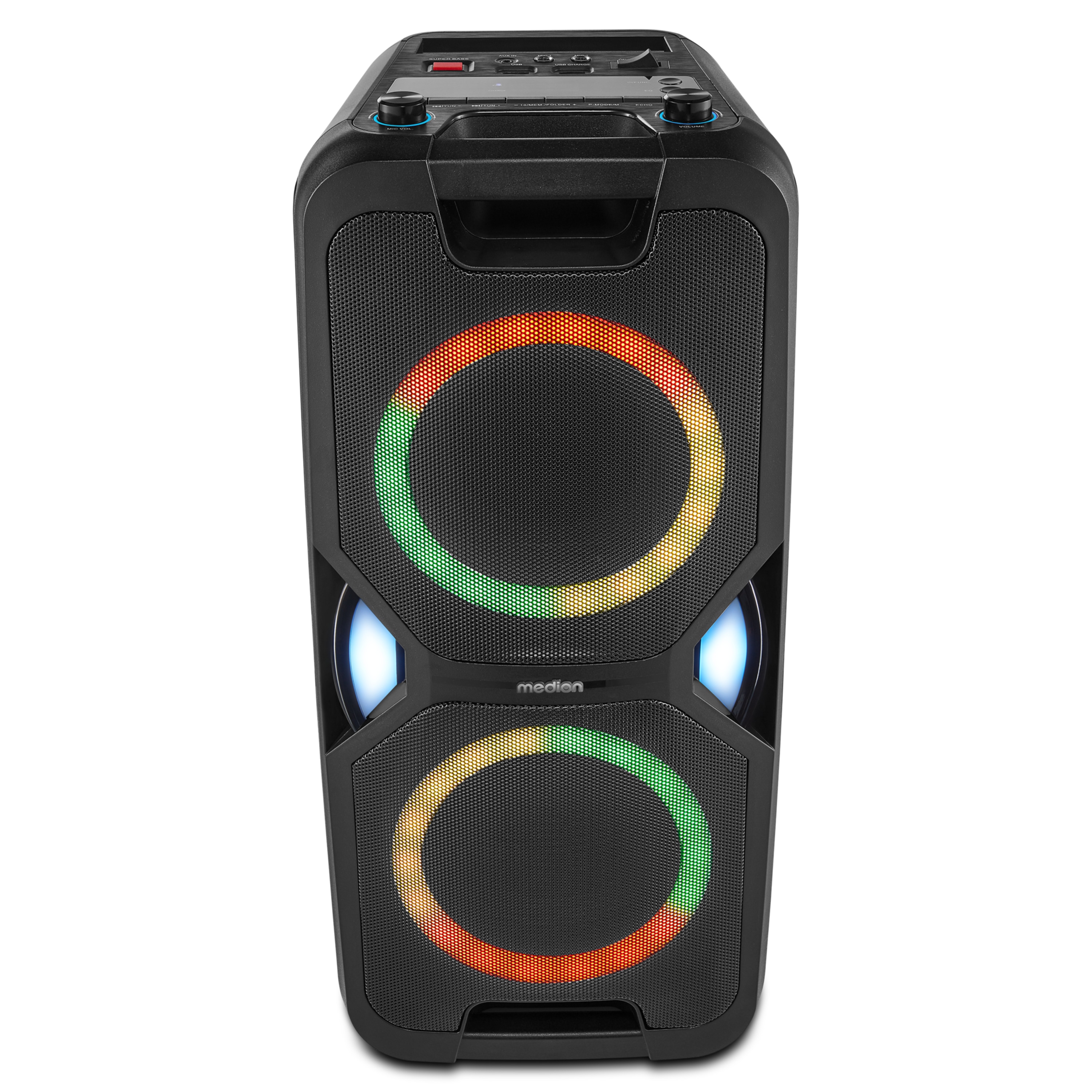 MEDION® LIFE® P61468 Partylautsprecher, PLL-UKW Radio, Bluetooth® 5.0, satter Sound, verschiedene Lichteffekte, X-Bass Bassanhebung, inkl. Mikrofon, 2 x 22 W RMS Ausgangsleistung