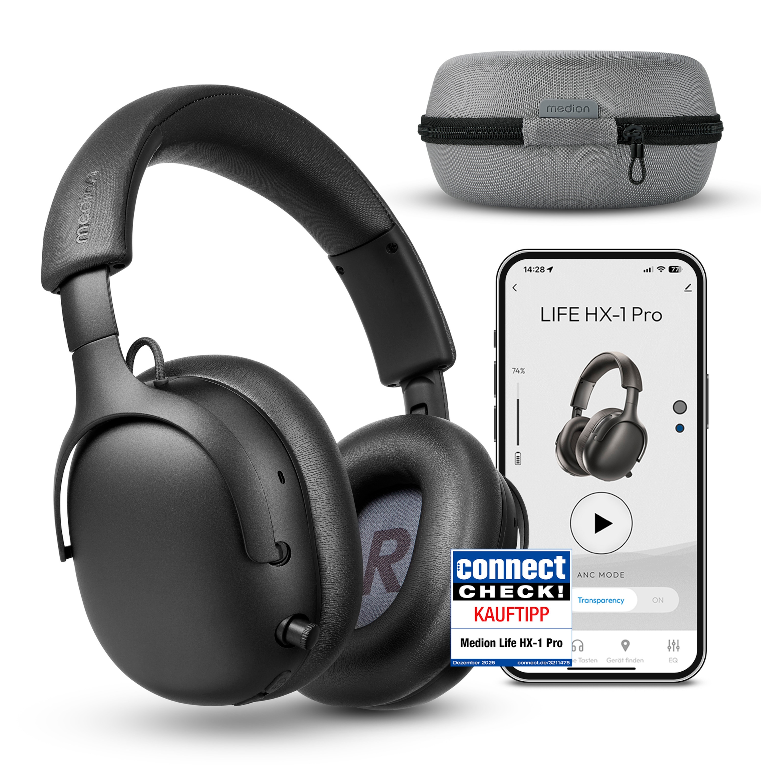 MEDION® Over Ear-Kopfhörer LIFE HX-1 Pro anthrazit, bis zu 190 Stunden Akkulaufzeit, Hybrid Active Noise Cancelling, 7 EQ-Presets + 1 App-Preset, Bluetooth® 6.0 wireless technology, IPX4 Spritzwasserschutz