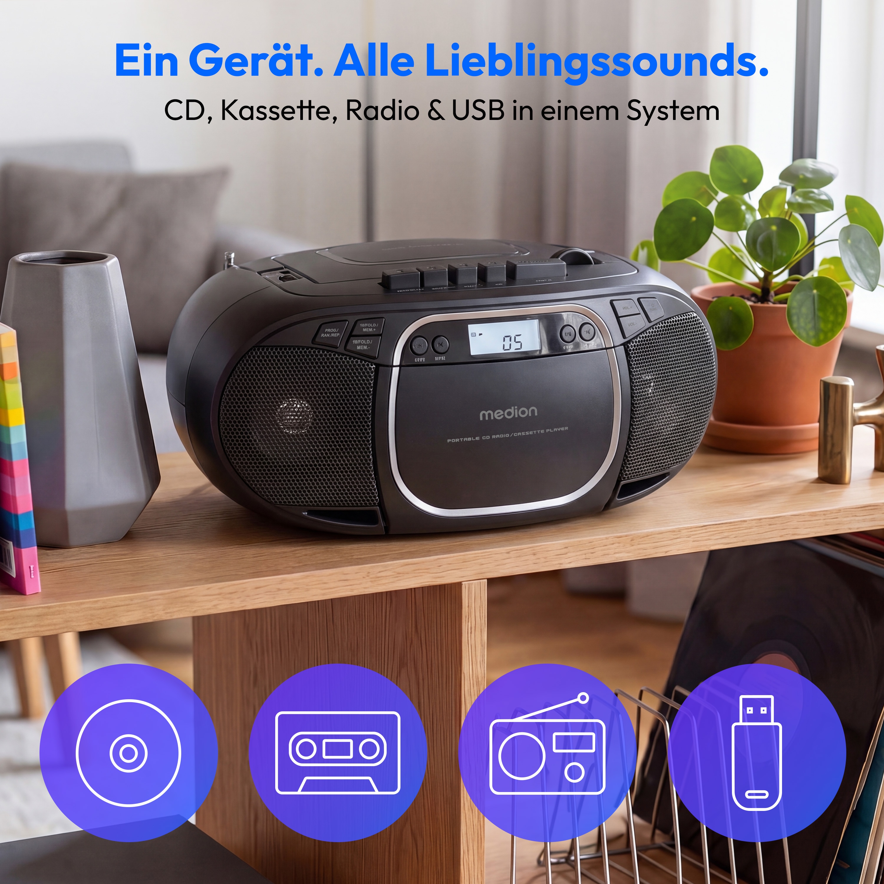 MEDION® LIFE E66476 Tragbare CD-Boombox, CD-Player, Kassettendeck, FM-Radio, USB-MP3-Wiedergabe, 30 Senderspeicher, Batteriebetrieb