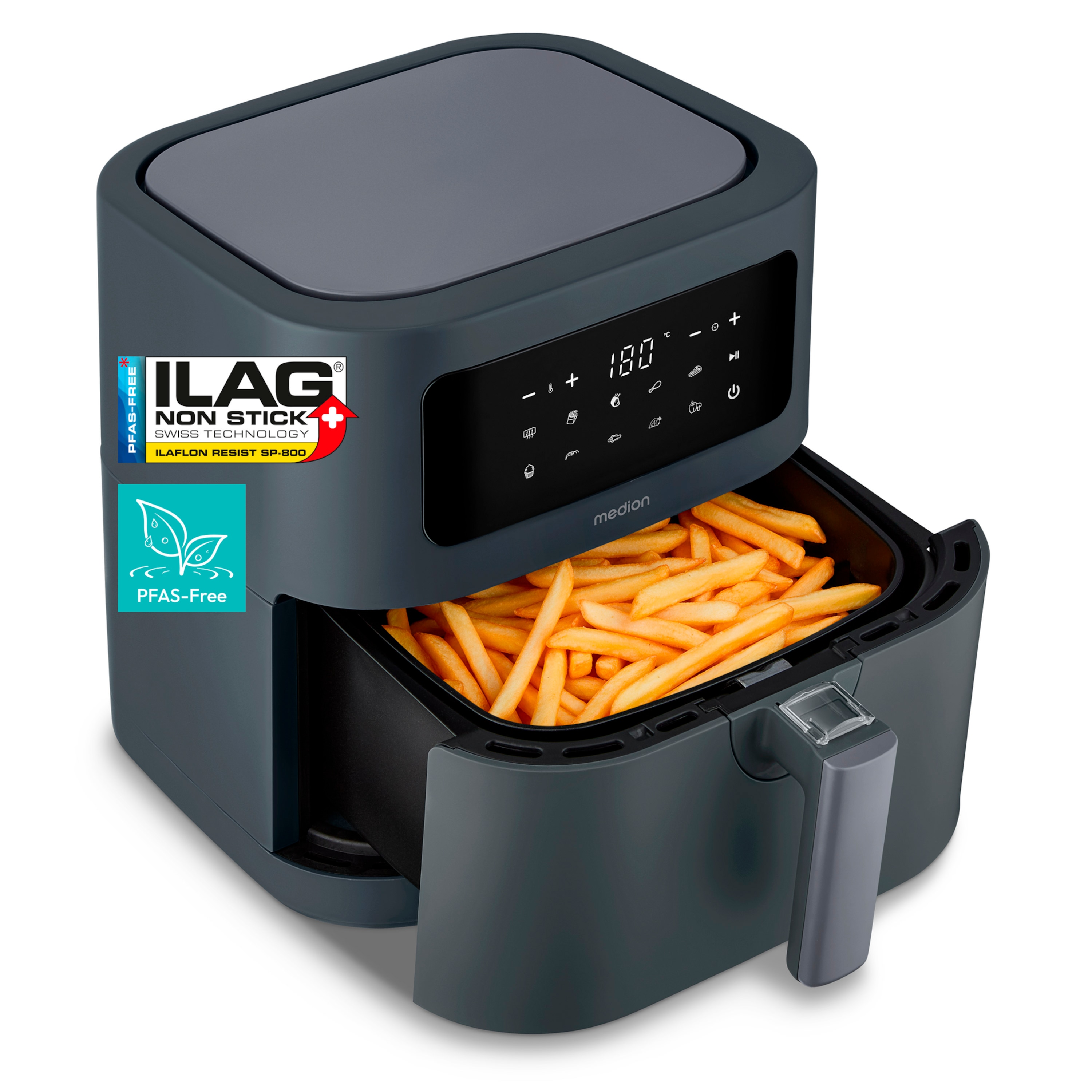 MEDION® LIFE® E40 XL Heißluftfritteuse MD 11740 matt grau, 100 Rezepte in der Life+ App, ölfreies Frittieren, 9 Automatikprogramme, 5,2 L Korbvolumen