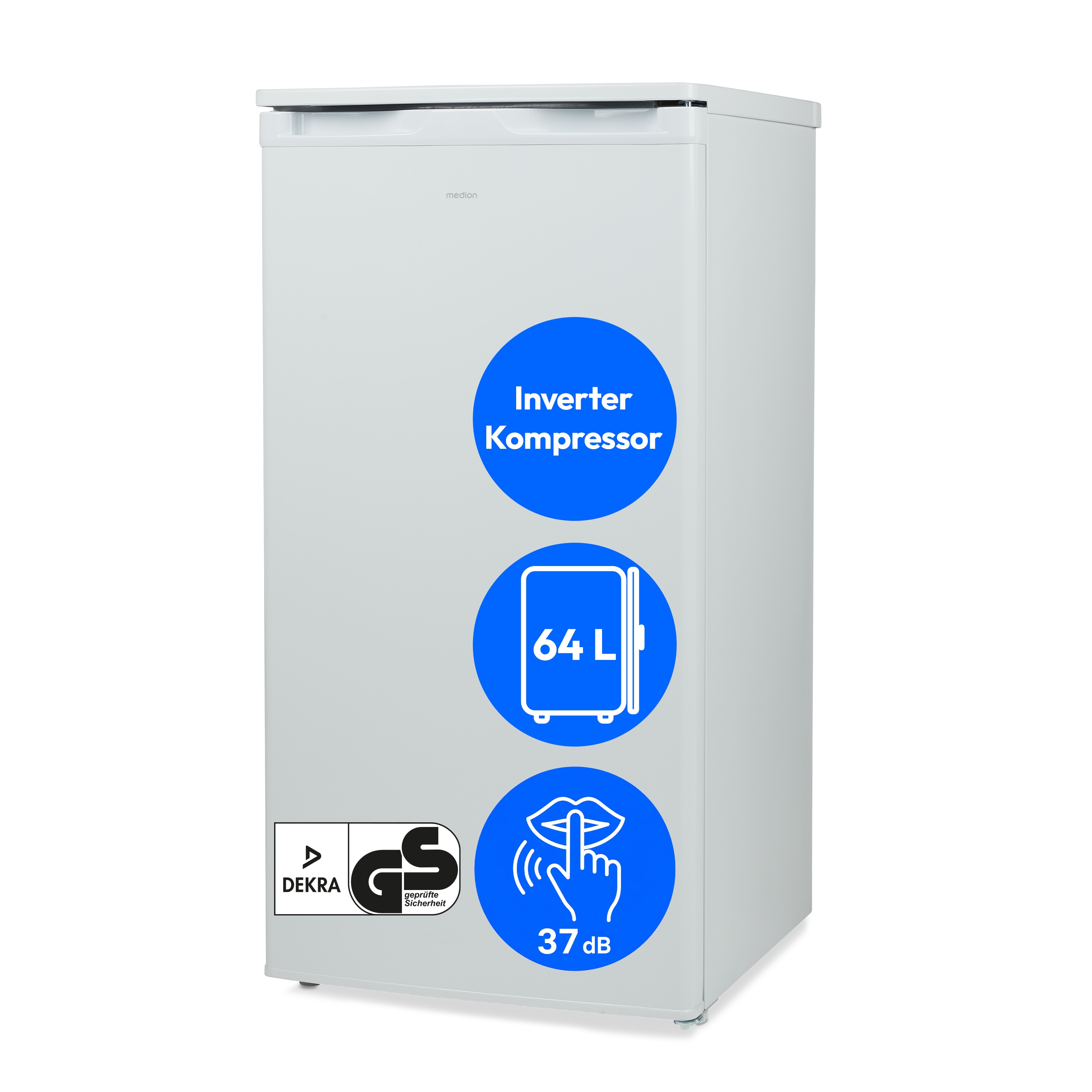 MEDION® LIFE Inverter-Kühlschrank mit Eiswürfelfach MD 370033 weiss, 90 L Gesamt-Nutzinhalt (Kühlteil 80 L & Eiswürfelfach 10 L), flüsterleise 37 dB, wechselbarer Türanschlag
