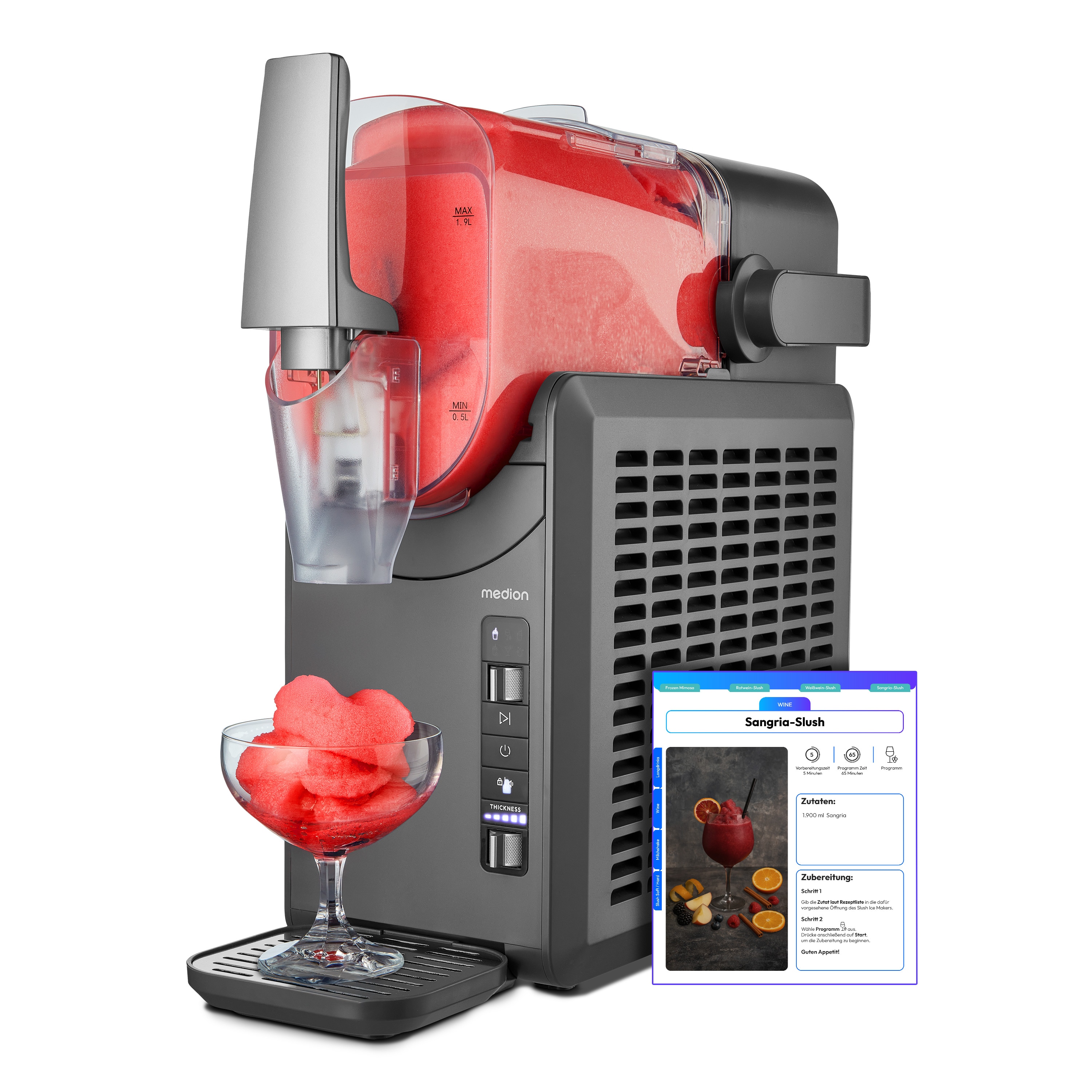 MEDION® LIFE Slush-Eismaschine MD12090, 2,6 L Slush-Eis Kapazität, Härtegradkontrolle, 5 Modi,  30–60 Minuten Zubereitungszeit², Abnehmbarer Tank