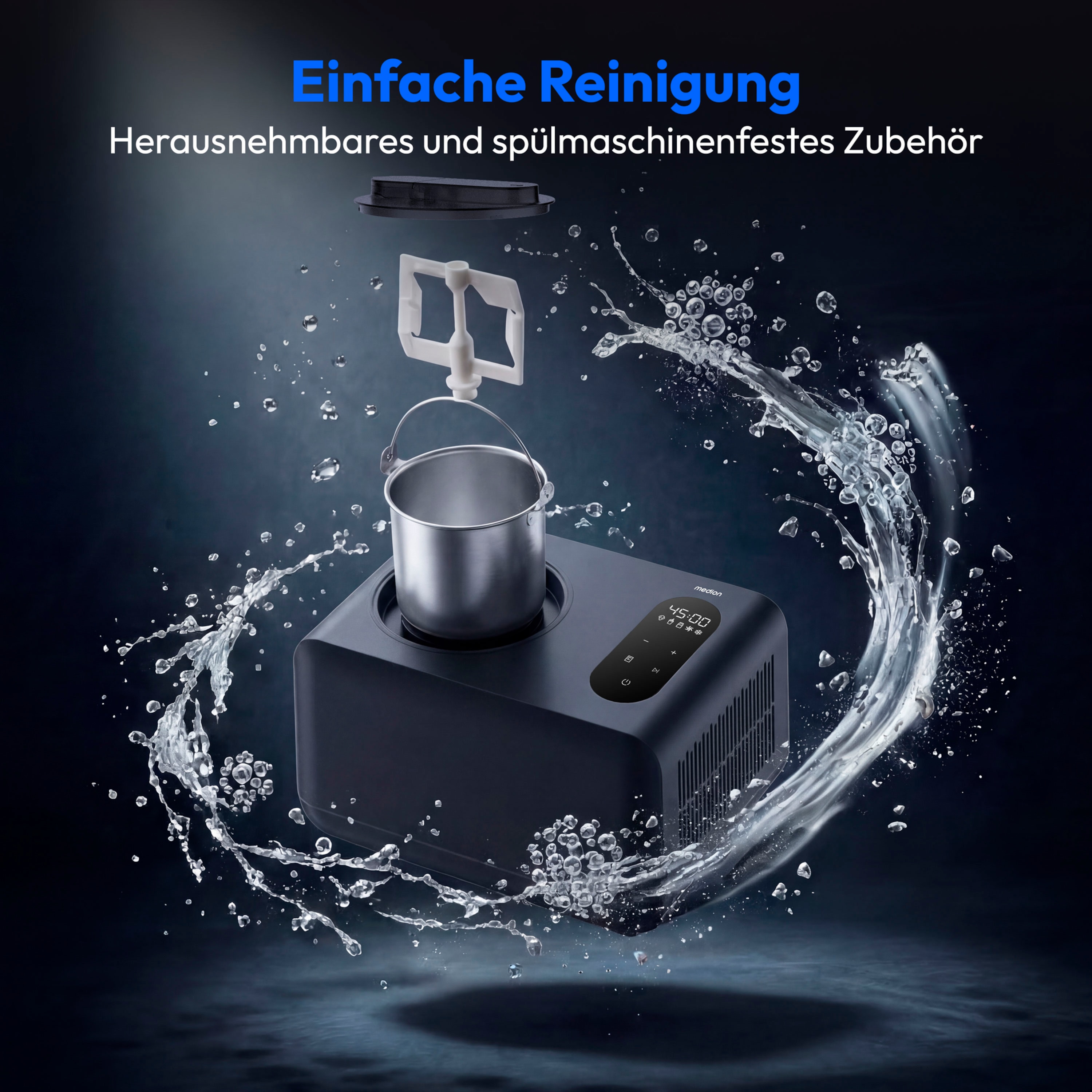 MEDION® LIFE Eismaschine MD 100087, Kapazität für 1,5 L Eis, kein Vorkühlen notwendig, LED-Display mit Sensor-Touch, mit Programmen für Eiscreme, Slush und Joghurt