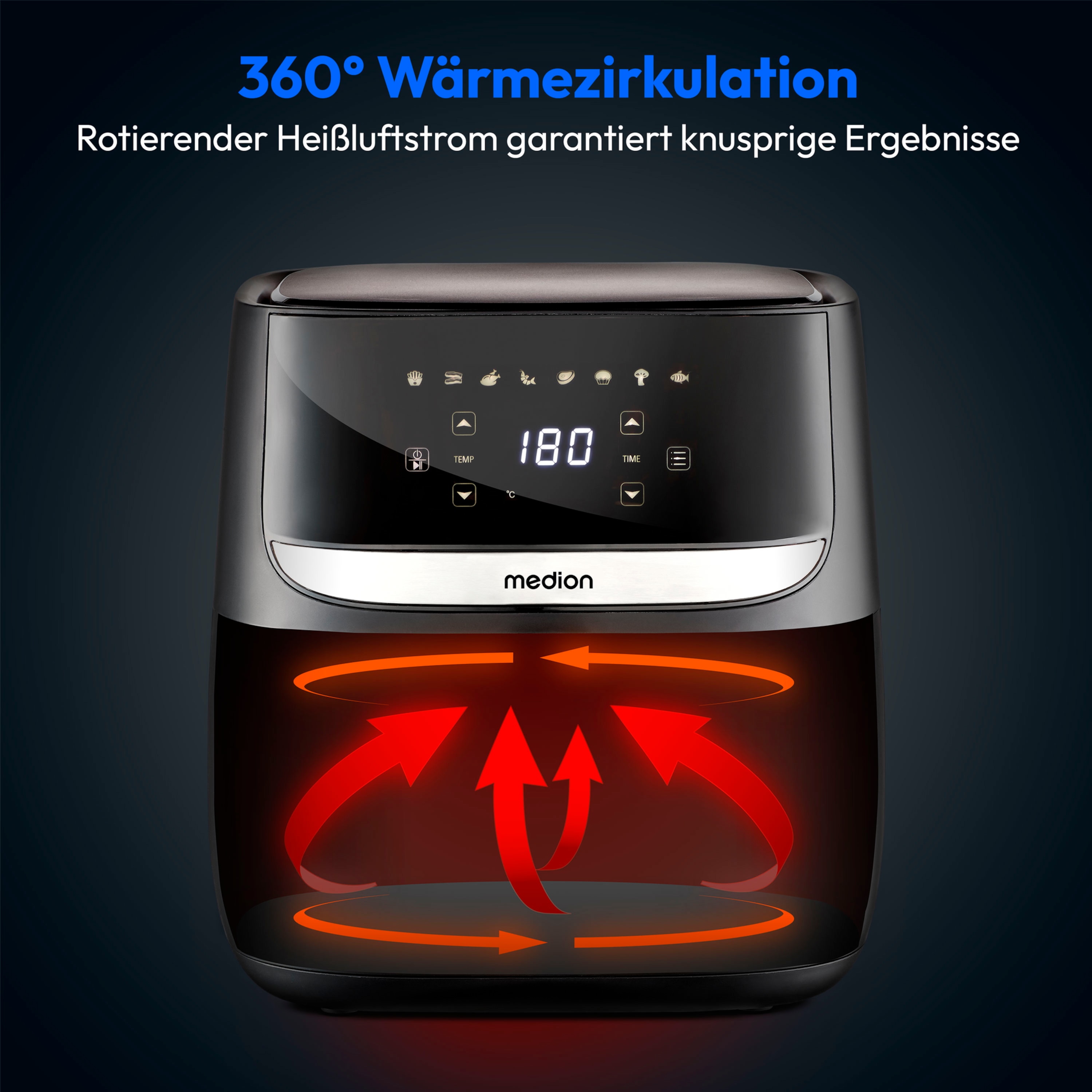 MEDION® LIFE E50 XL Heißluftfritteuse MD 10532, ölfreies Frittieren, digitales Bedienfeld, Automatikprogramme, 5,7 L Korbvolumen