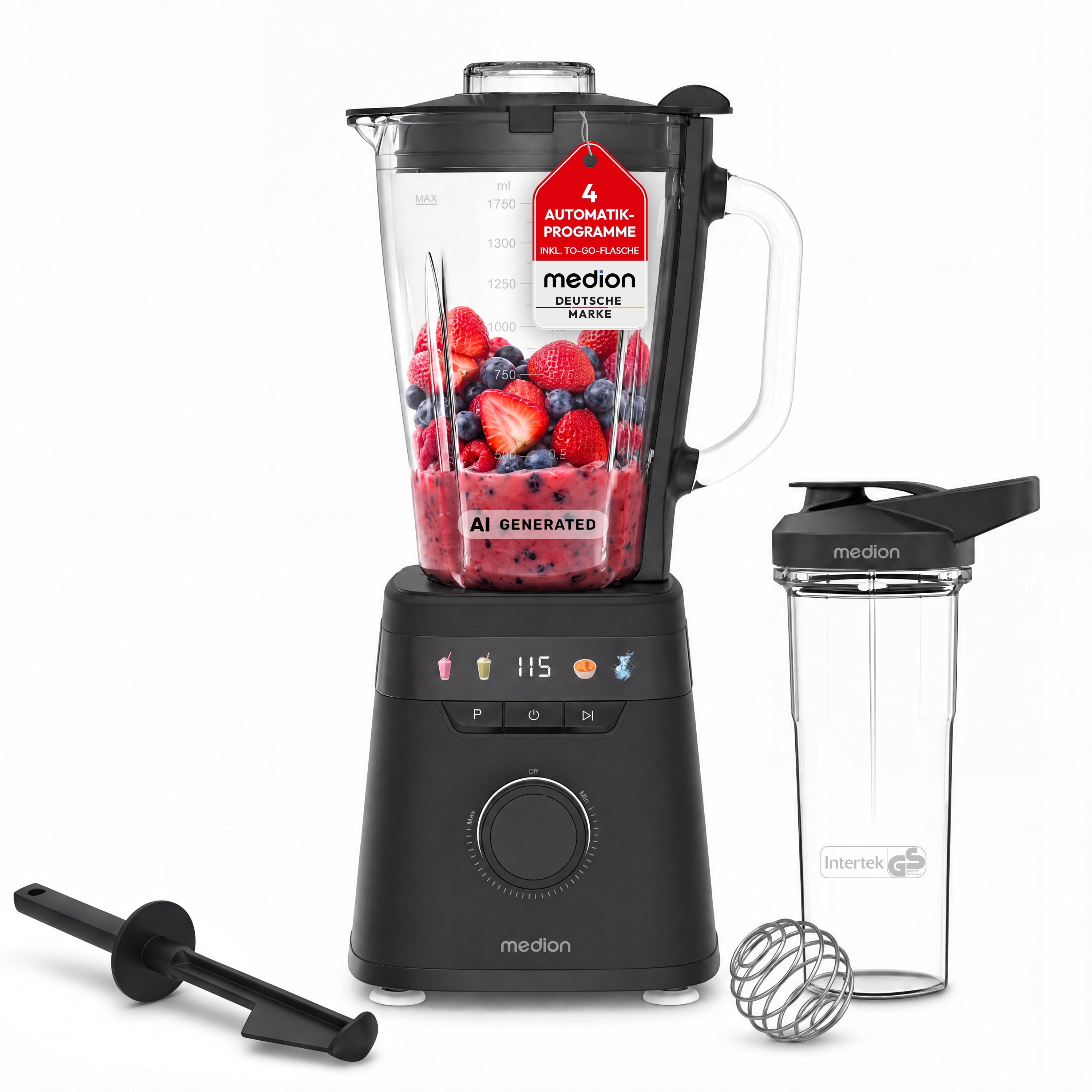 MEDION® LIFE® Standmixer MD 100105, 900 Watt (neue GS Norm), 1,75 Liter Glasbehälter, 4 Automatikprogramme, LED-Display, stufenlose Geschwindigkeitsregelung, To-go-Flasche