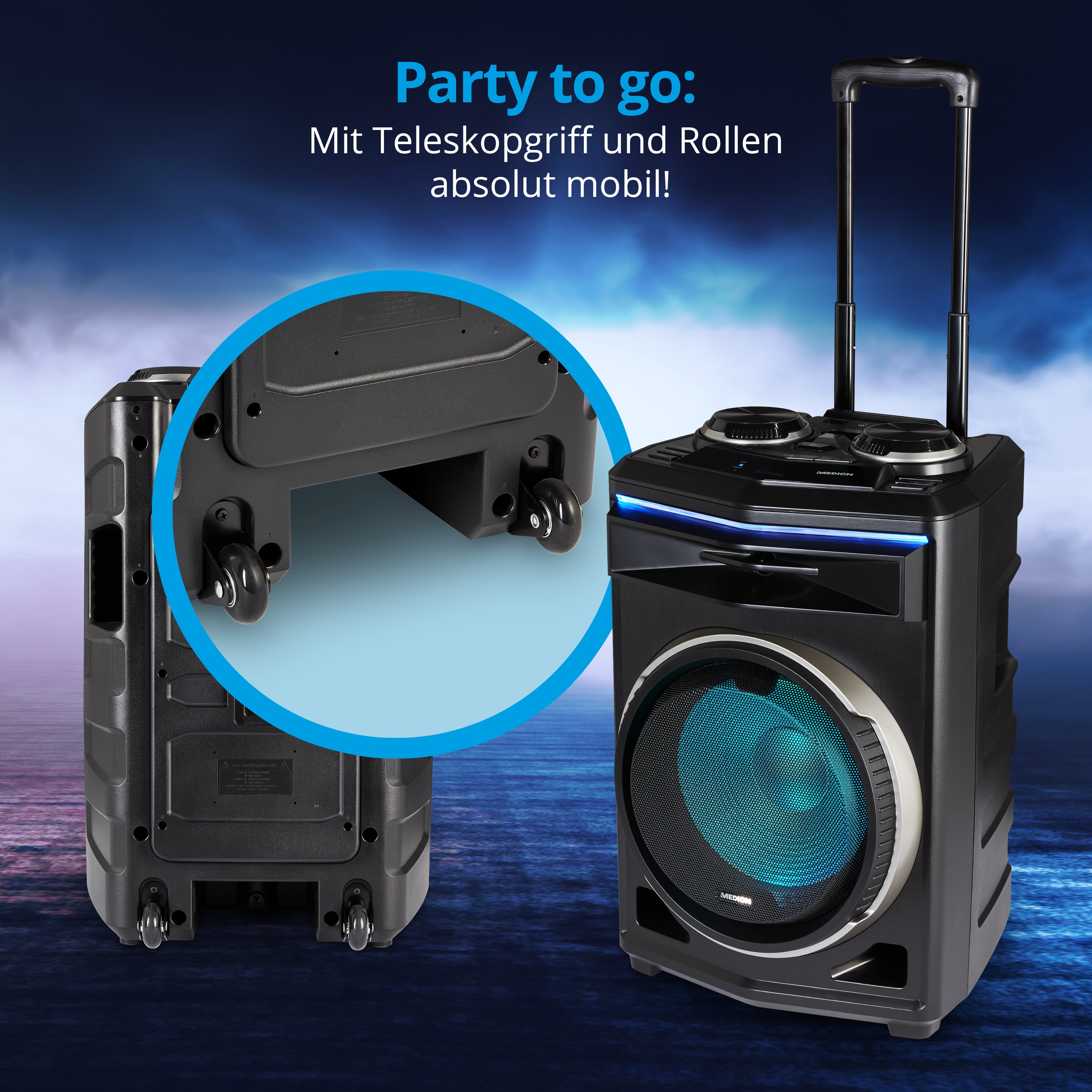 MEDION® LIFE® P61200 Partylautsprecher, tragbares Bluetooth® Soundsystem, verschiedene Lichteffekte, satter Sound, Teleskopgriff und Rollen, 350 W max. Musikausgangsleistung