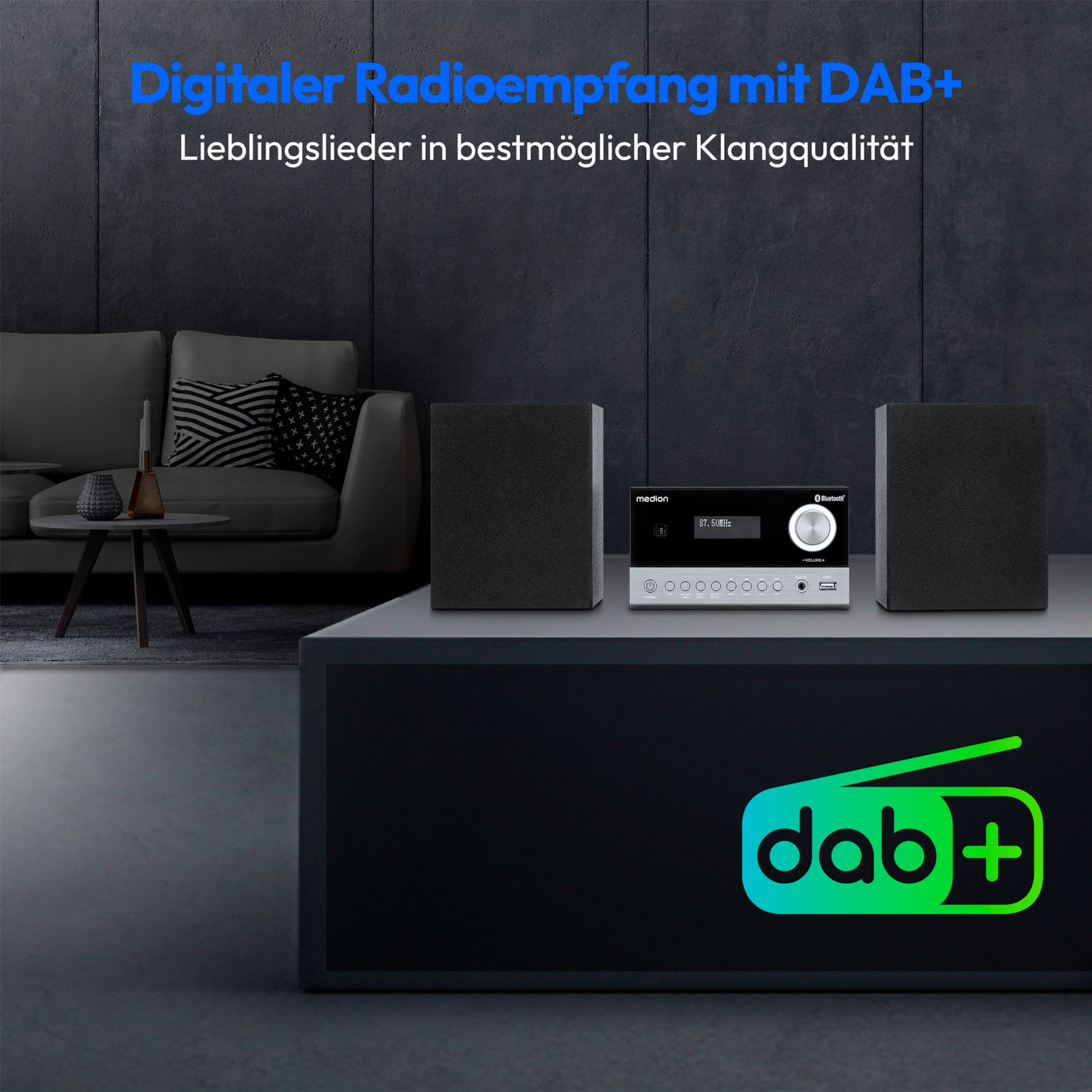 MEDION® LIFE® E64088 Micro-Audio-System, DAB+/PLL-UKW Radio, je 30 Senderspeicher,  LCD-Display, Musikwiedergabe via Bluetooth® 5.3 oder USB-Stick, CD-Player, 2 x 5 W RMS