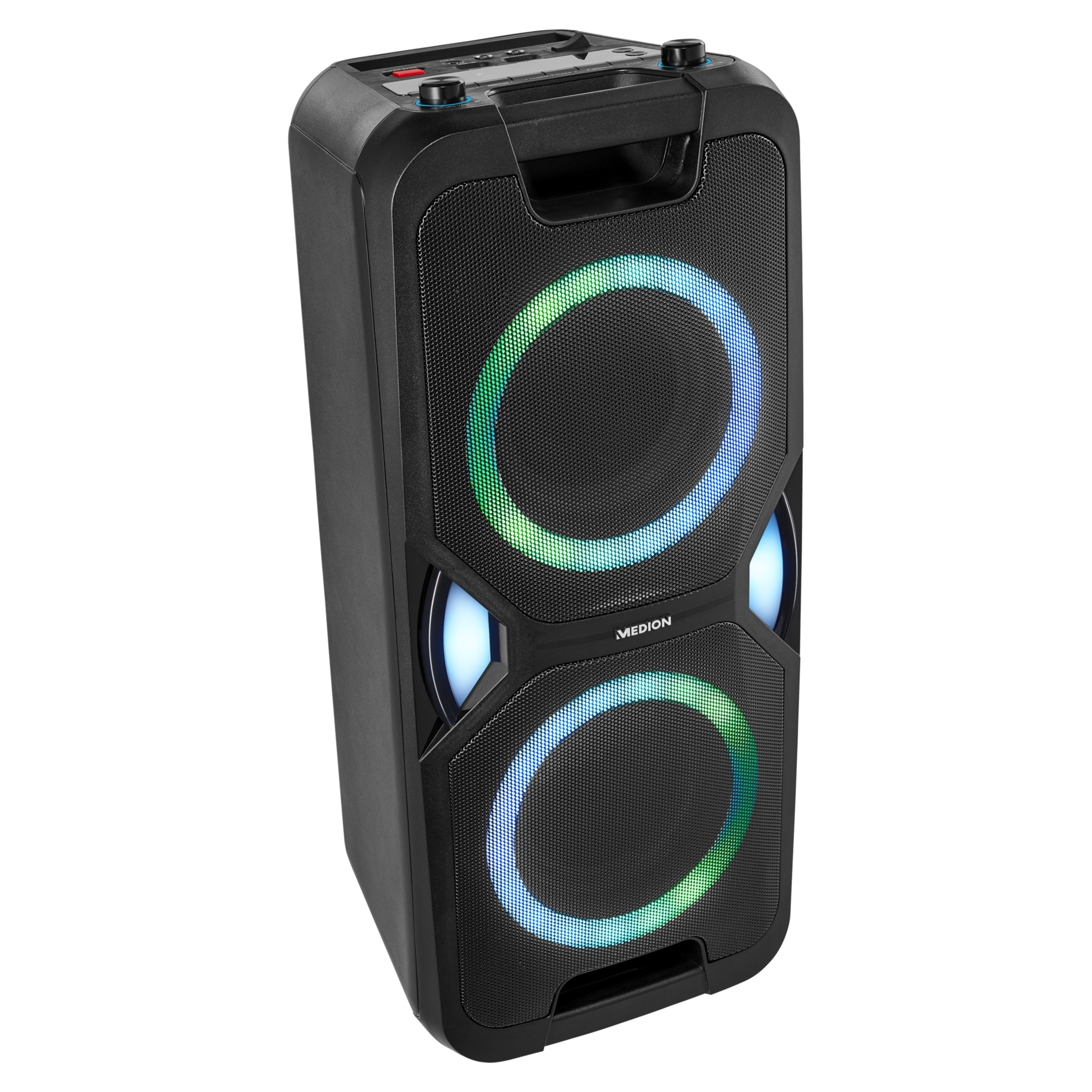 MEDION® LIFE® P67038 Partylautsprecher, PLL-UKW Radio, Bluetooth® 5.0, satter Sound, verschiedene Lichteffekte, X-Bass Bassanhebung, inkl. Mikrofon, 2 x 22 W RMS Ausgangsleistung