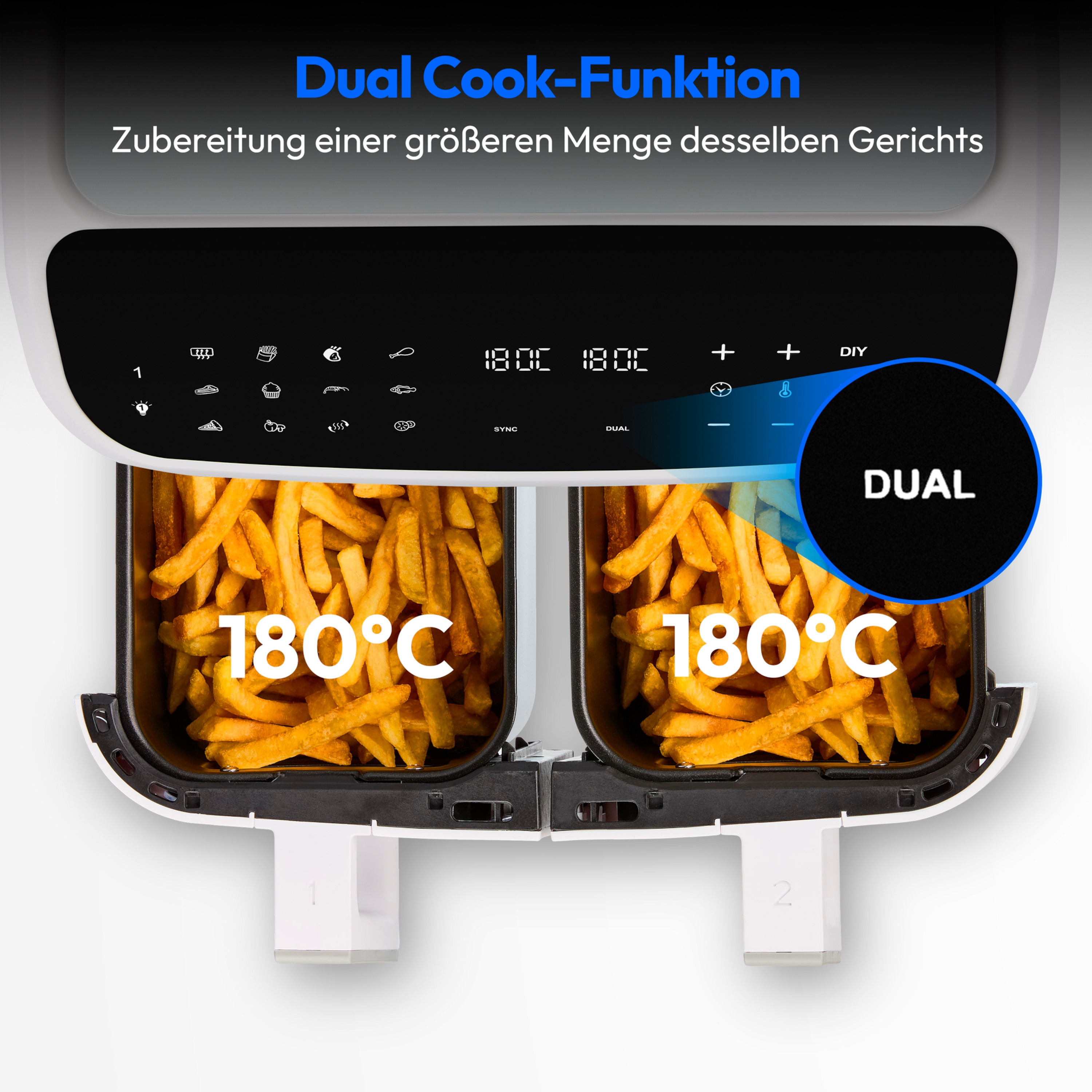 MEDION® LIFE® P20 XXL Twin Matt Doppelzonen-Heißluftfritteuse MD11760, 100 Rezepte in der Life+ App, 2 separate Garzonen, 9 Automatikprogramme, 8,7 L Gesamt-Nutzinhalt, 2.600 Watt, Temperatur einstellbar bis 200 °C