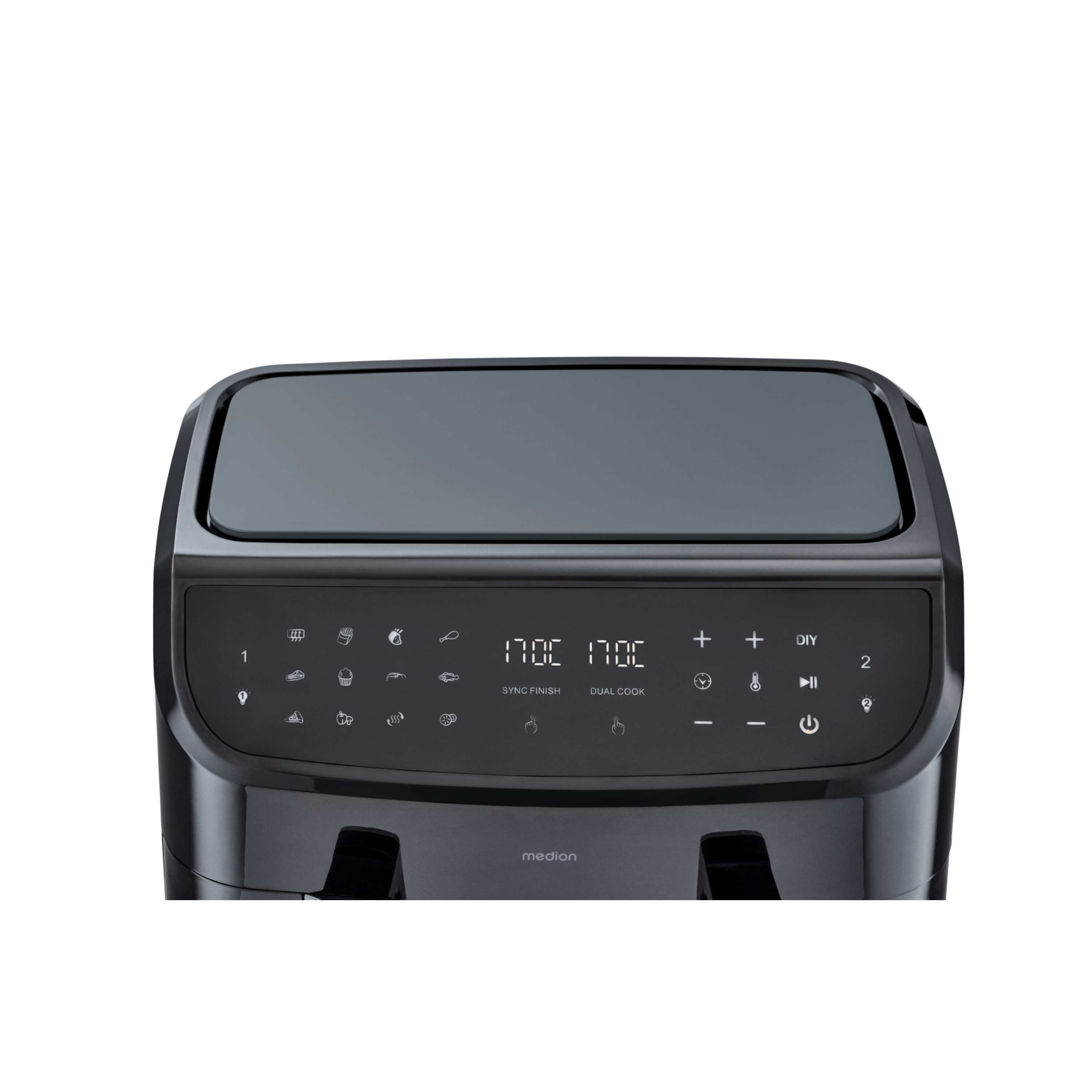 MEDION® LIFE® P20 XXL Twin Doppelzonen-Heißluftfritteuse MD 11760, 100 Rezepte in der Life+ App, 2 separate Garzonen, 9 Automatikprogramme, 8,7 L Gesamt-Nutzinhalt, 2.600 Watt, Temperatur einstellbar bis 200 °C