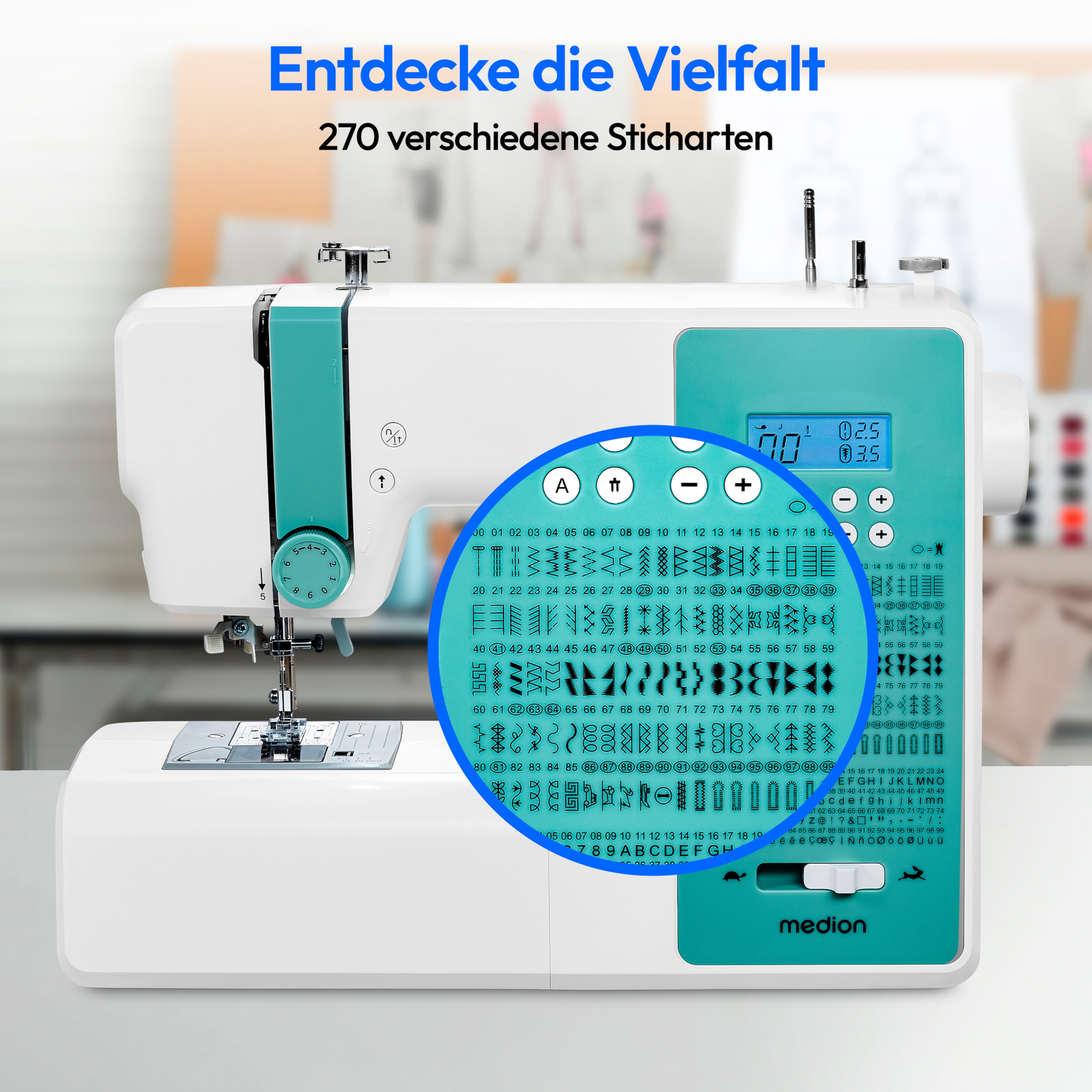 MEDION® LIFE® Digitale Nähmaschine SD36 (MD11881), einstellbare Stichlänge und Stichbreite, 270 Stichmuster, Integriertes Zubehörfach, 36 Watt Motorleistung