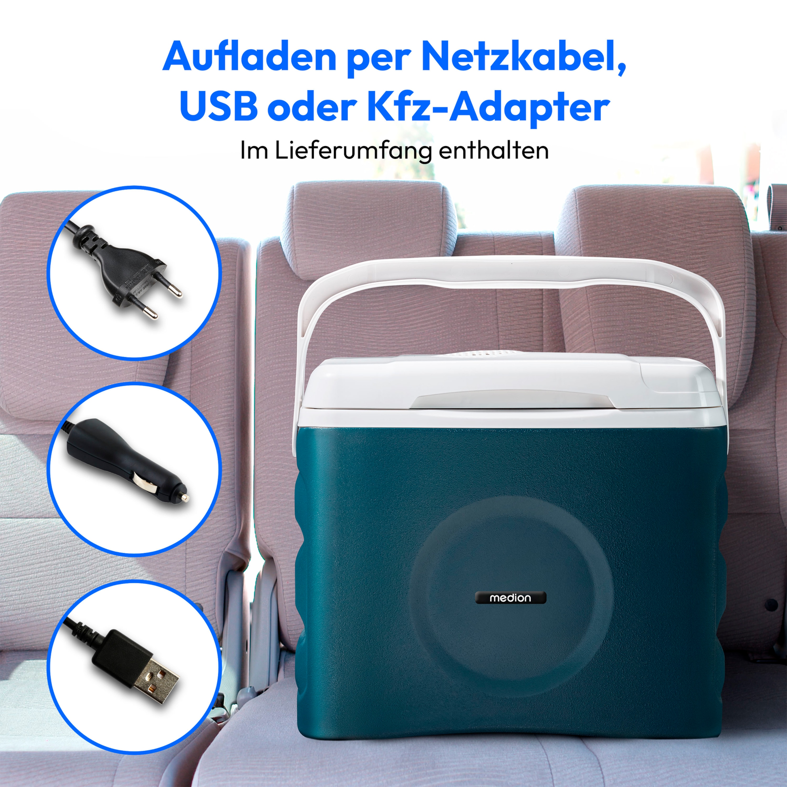 MEDION® Thermoelektrische Kühlbox MD 10735, Kühl- und Warmhaltefunktion, 25 L Kapazität, 12V-, 230V- und USB-Anschlüsse zur Stromversorgung