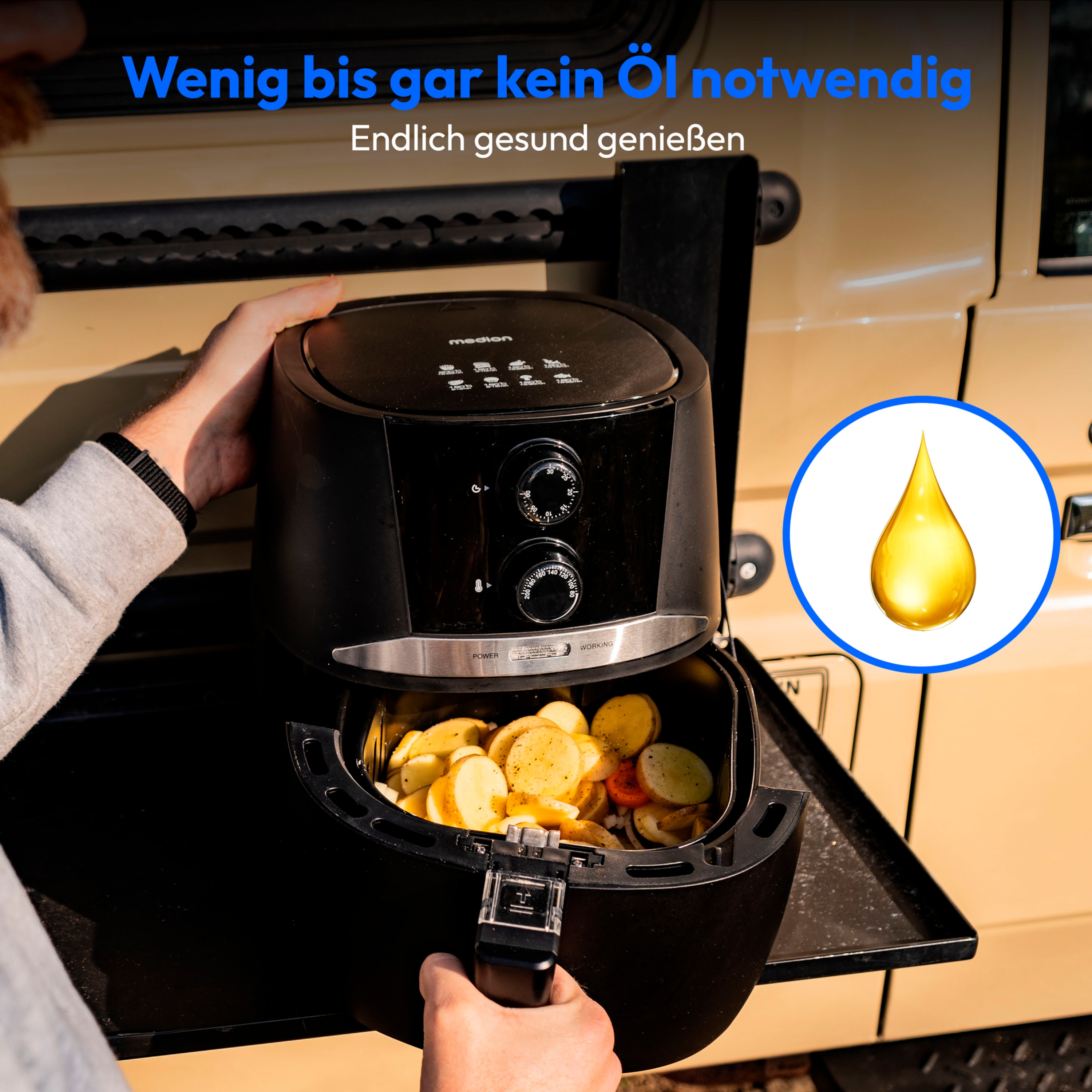 MEDION® LIFE® E20 L Heißluftfritteuse (MD 10711), ölfreies Frittieren, 3,2 L Korbvolumen, 1.400W Leistung