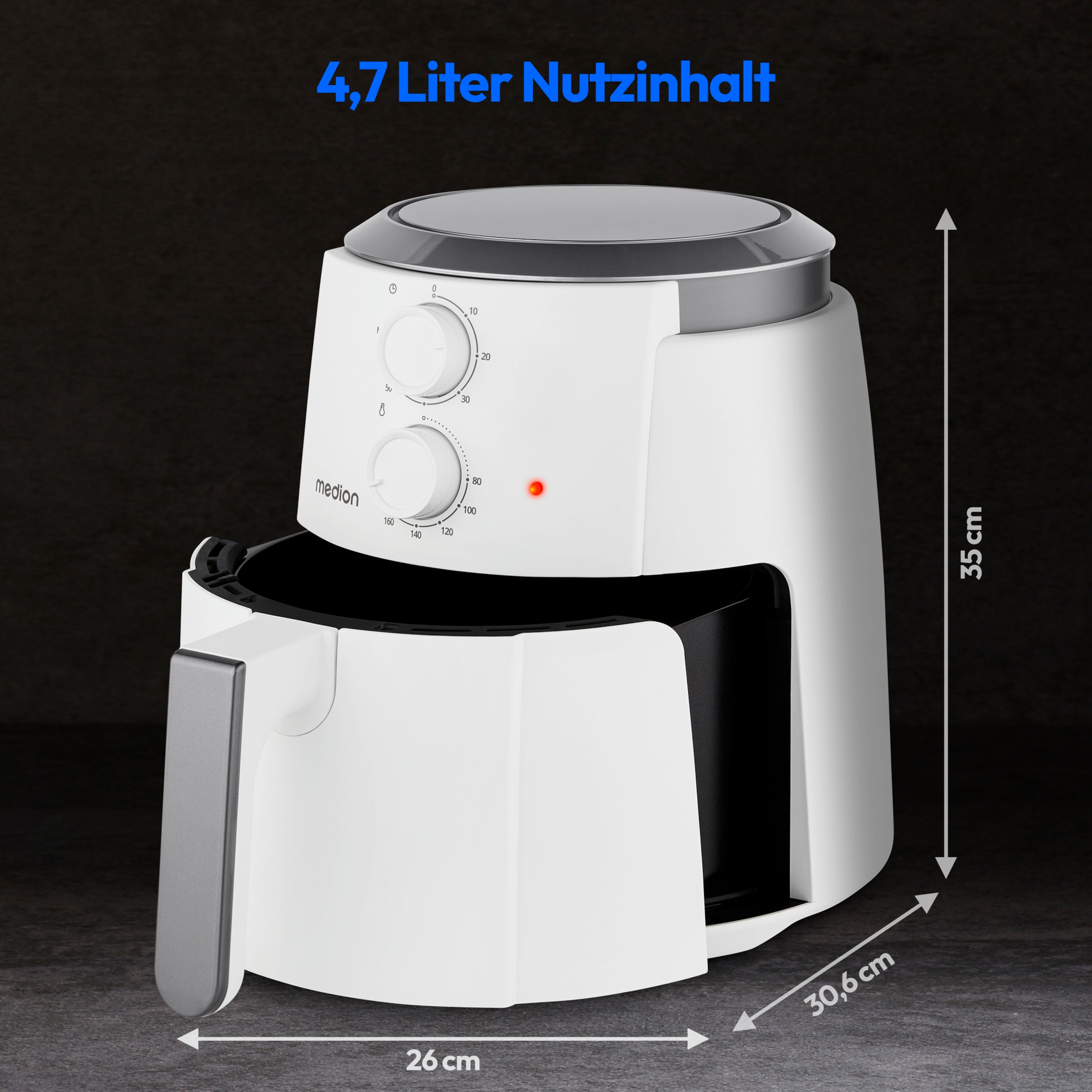 MEDION® LIFE Heißluftfritteuse P30 L (MD13020), 100 Rezepte in der Life+ App¹, 4,7 Liter Fassungsvermögen, 1.500 Watt, 60 min. Timer