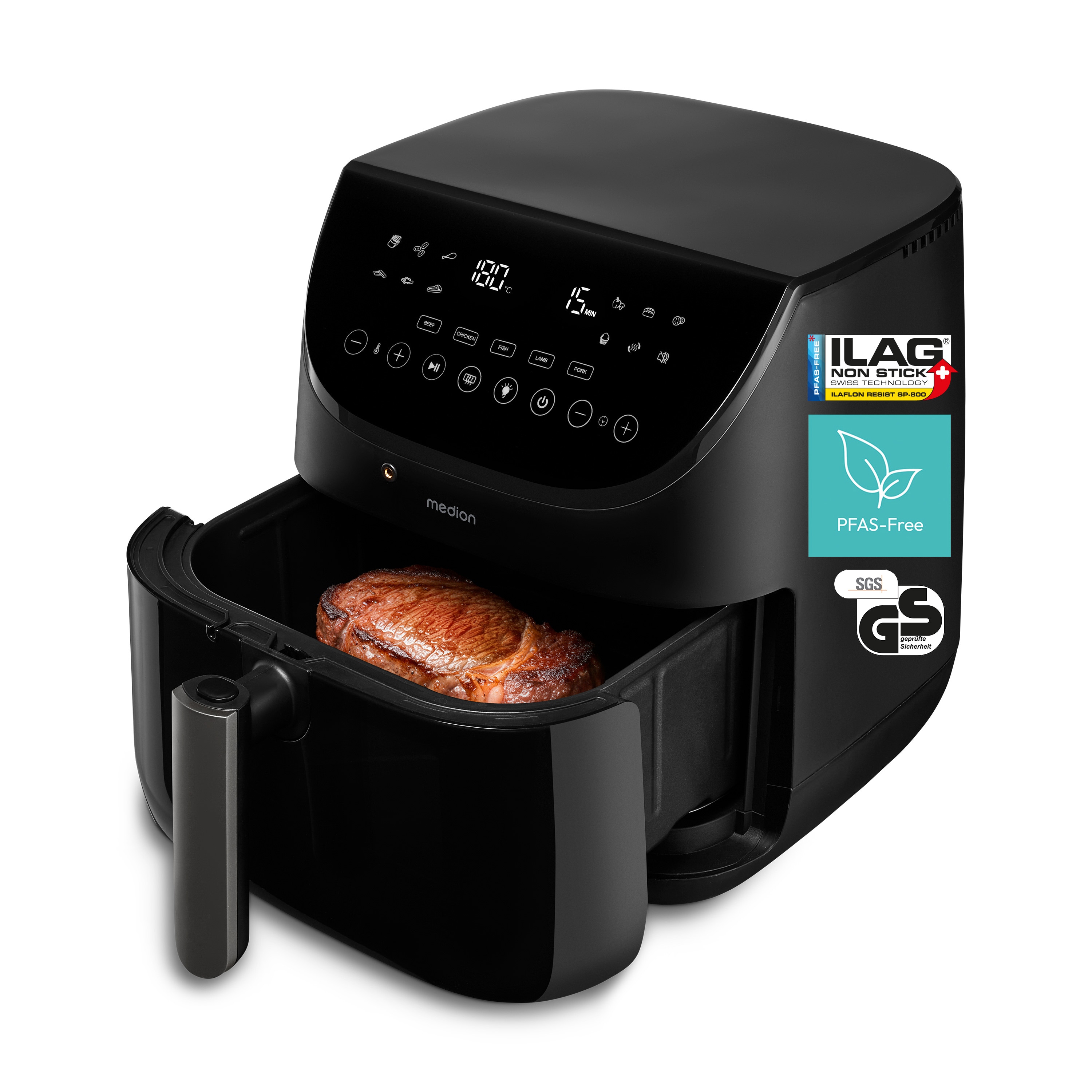 MEDION® LIFE Heißluftfritteuse X20 XL (MD13060), Temperaturfühler, MEDION Life+ App, Touch-Sensor- Bedienfeld, 6,6 L Fassungsvermögen, 10 Automatikprogramme, 5 Fleischprogramme