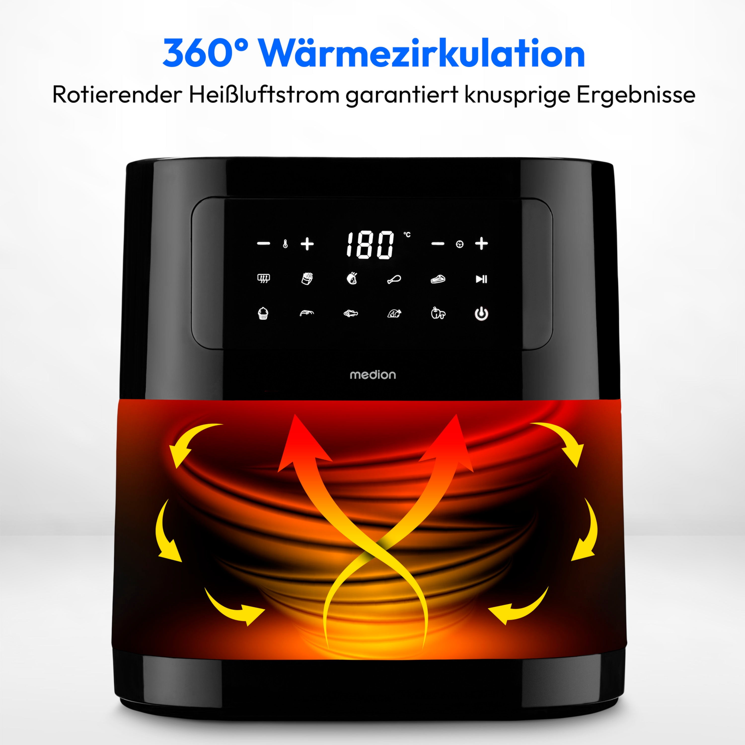 MEDION® LIFE® E40 XL Heißluftfritteuse MD 11740, 100 Rezepte in der Life+ App, ölfreies Frittieren, 9 Automatikprogramme, 5,2 L Korbvolumen