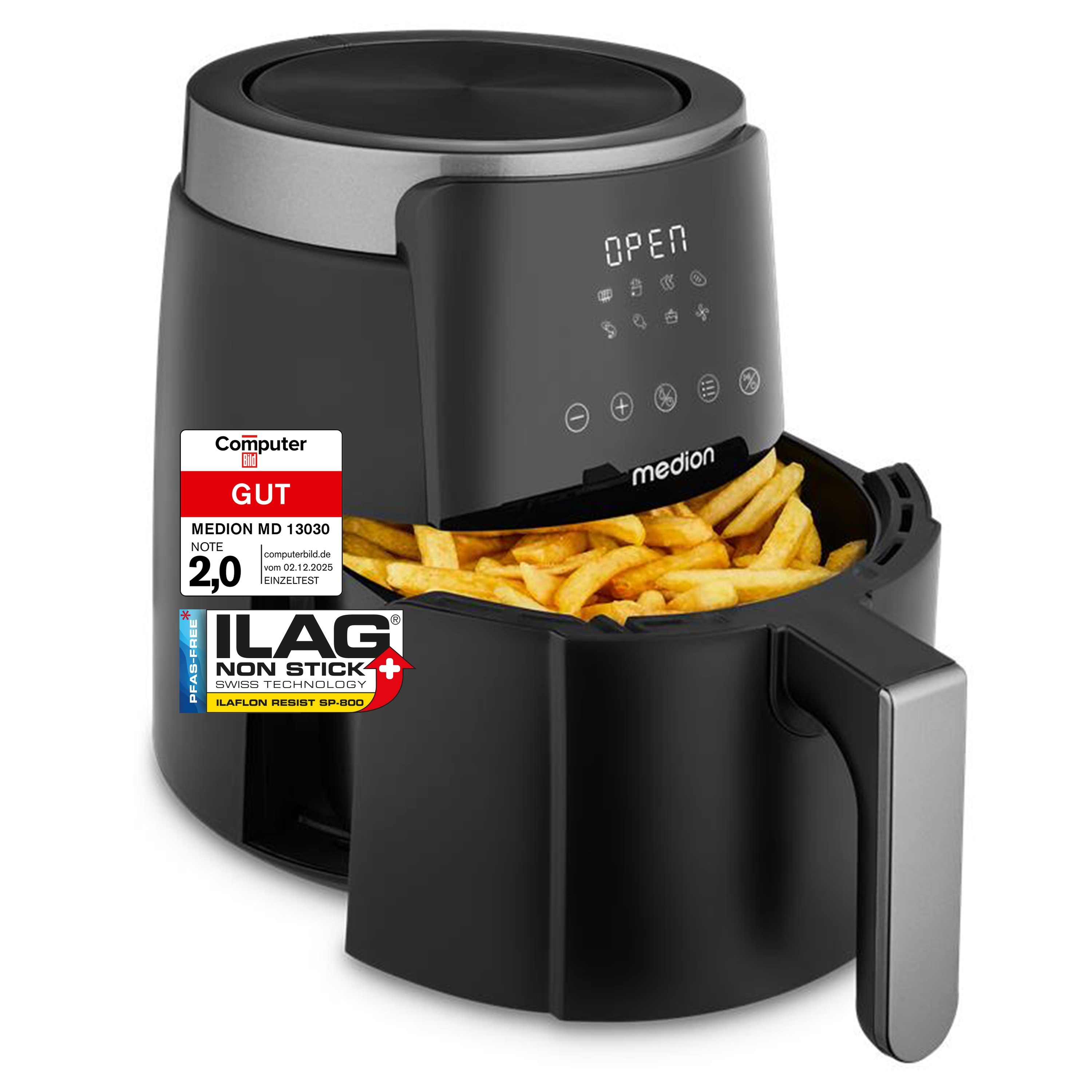 MEDION® LIFE HeißluftFritteuse P40 L (MD13030) schwarz, +100 Rezepte in der Life+ App¹, Touch-Sensor- Bedienfeld, 4,7 Liter Fassungsvermögen, 8 Automatikprogramme,1.500 Watt, 60 min. Timer, PFAS-freie Antihaft-Beschichtung
