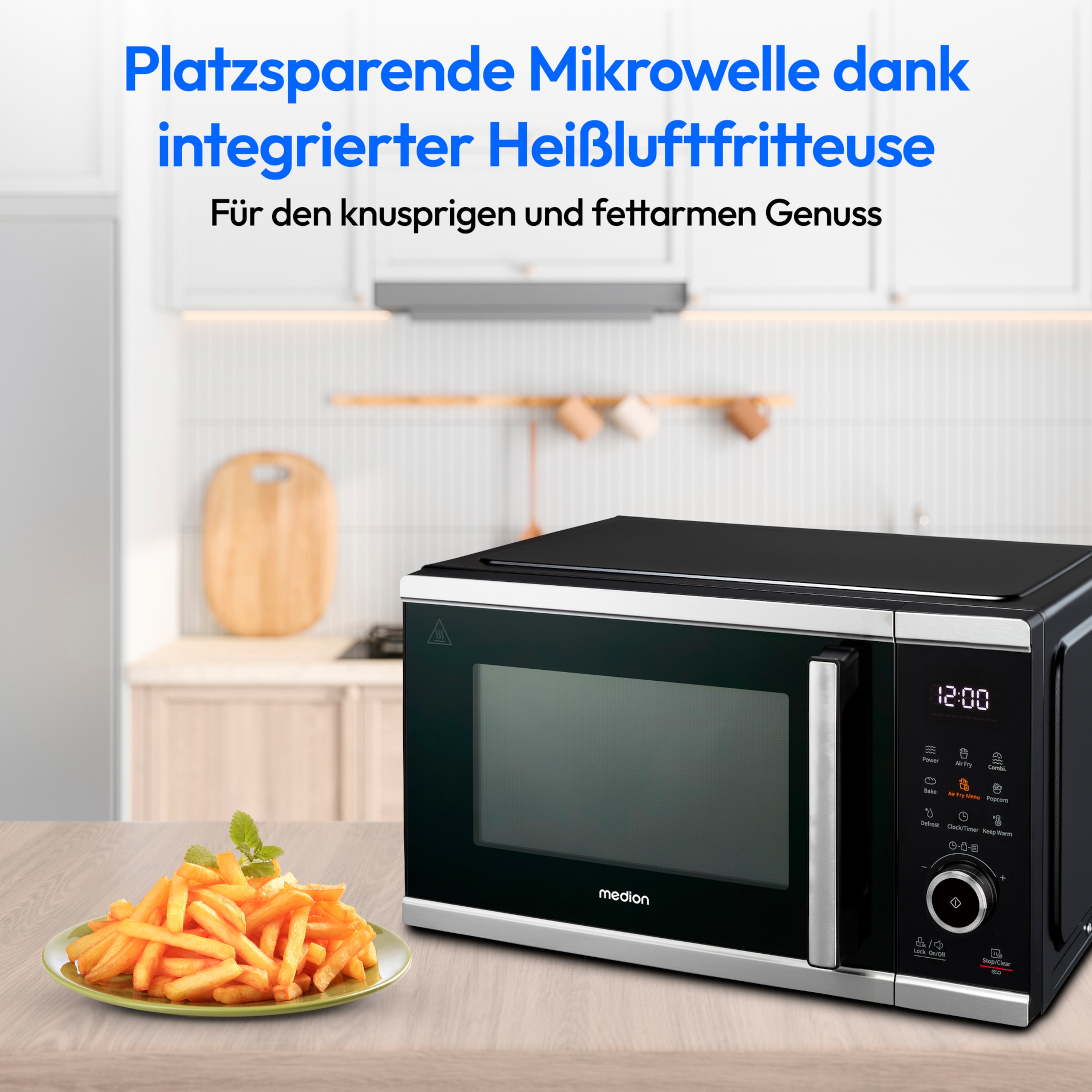 MEDION® LIFE® Mikrowelle mit Heißluft- fritteusen- funktion  MD 11499, 3in1 Mikrowelle, 25 L Garinnenraum, 900 W Mikrowellenleistung, 9 Automatikprogramme