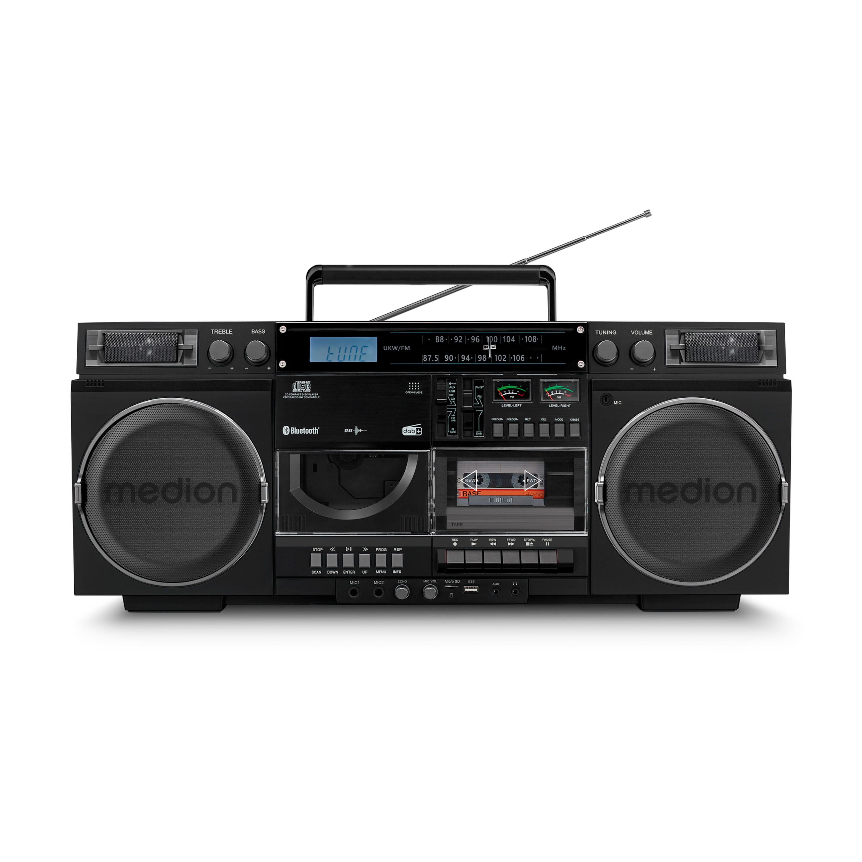 MEDION® LIFE® P66538 Retro-Boombox, DAB+/PLL-UKW Radio, Bluetooth® 5.3 für das Abspielen von Smartphone & Co, CD-Player, Kassettendeck, X-Bass Funktion, 2 x 10 W RMS