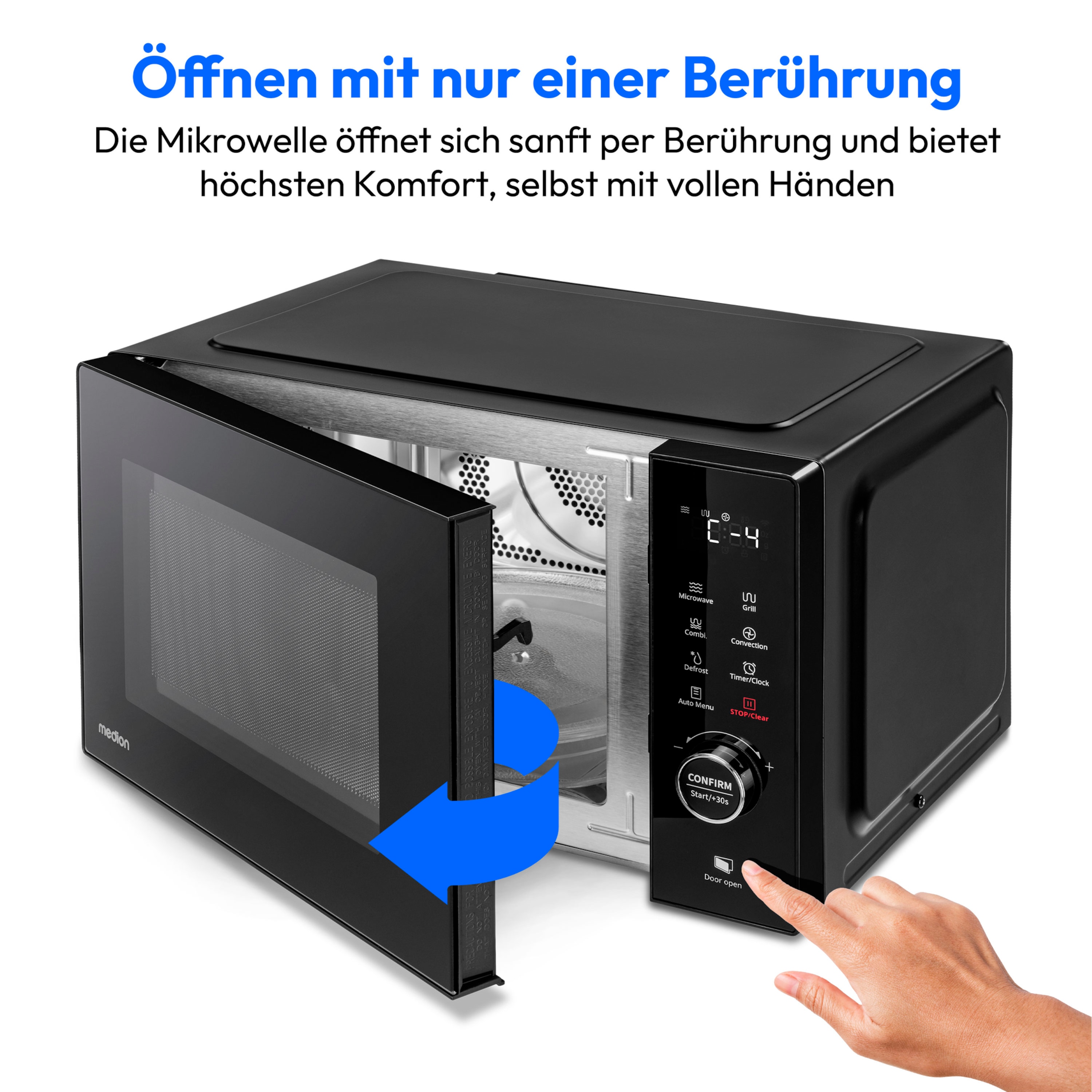 MEDION® LIFE® 3 in 1 Mikrowelle MD12031, 900 Watt Mikrowellenleistung, 1000 Watt Grillleistung, 1680 Watt Heißluftfunktion, Sensor-Touch-Türöffnung, 11 Automatikprogramme, 23 L Kapazität, 5 Leistungsstufen, digitaler 95 min. Timer, Auftaufunktion