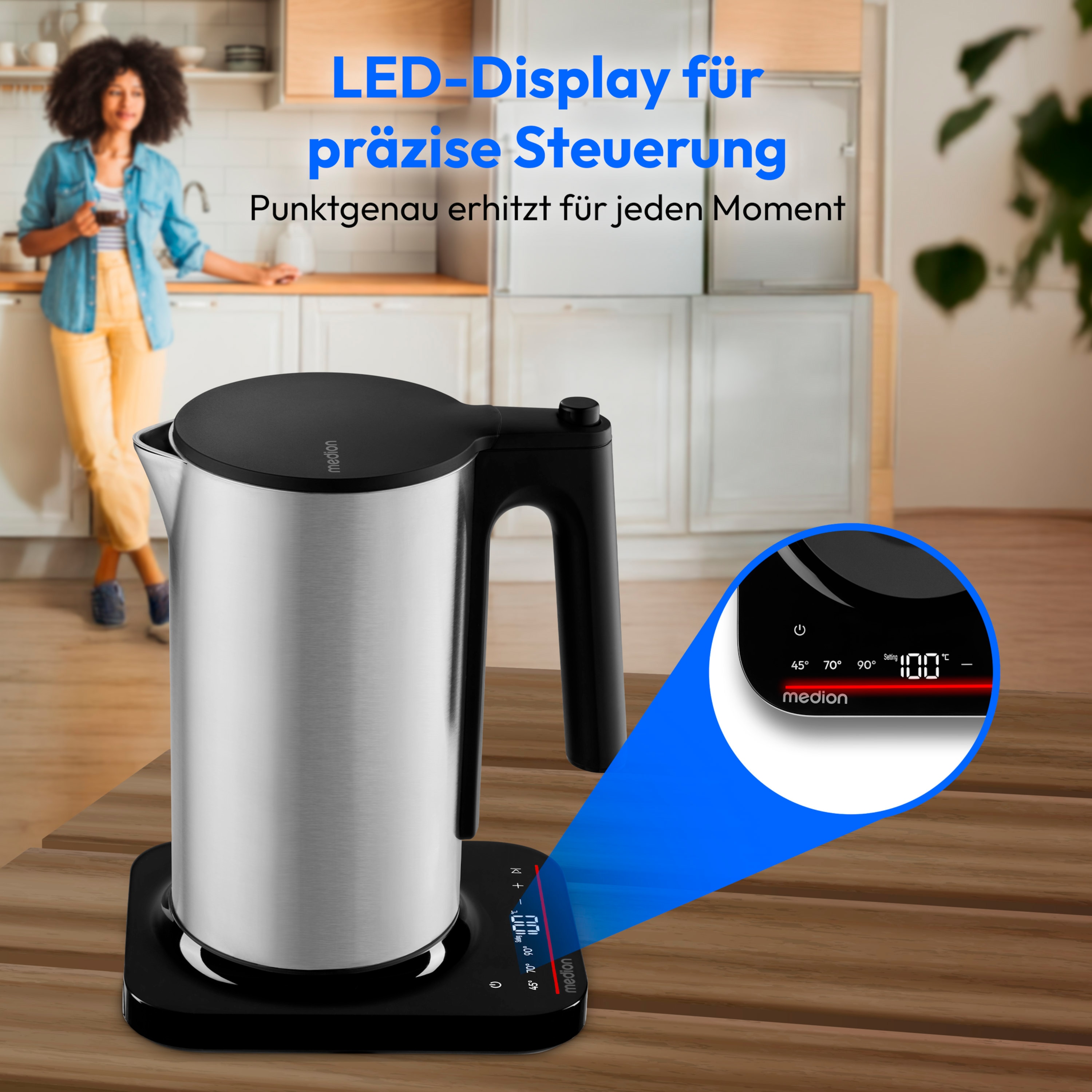 MEDION® LIFE Digitaler Wasserkocher MD12106, 2.200 Watt Leistung, 1,5 Liter Kapazität, LED-Display, LED-leuchtbalken, automatische Programme, Kindersicherung