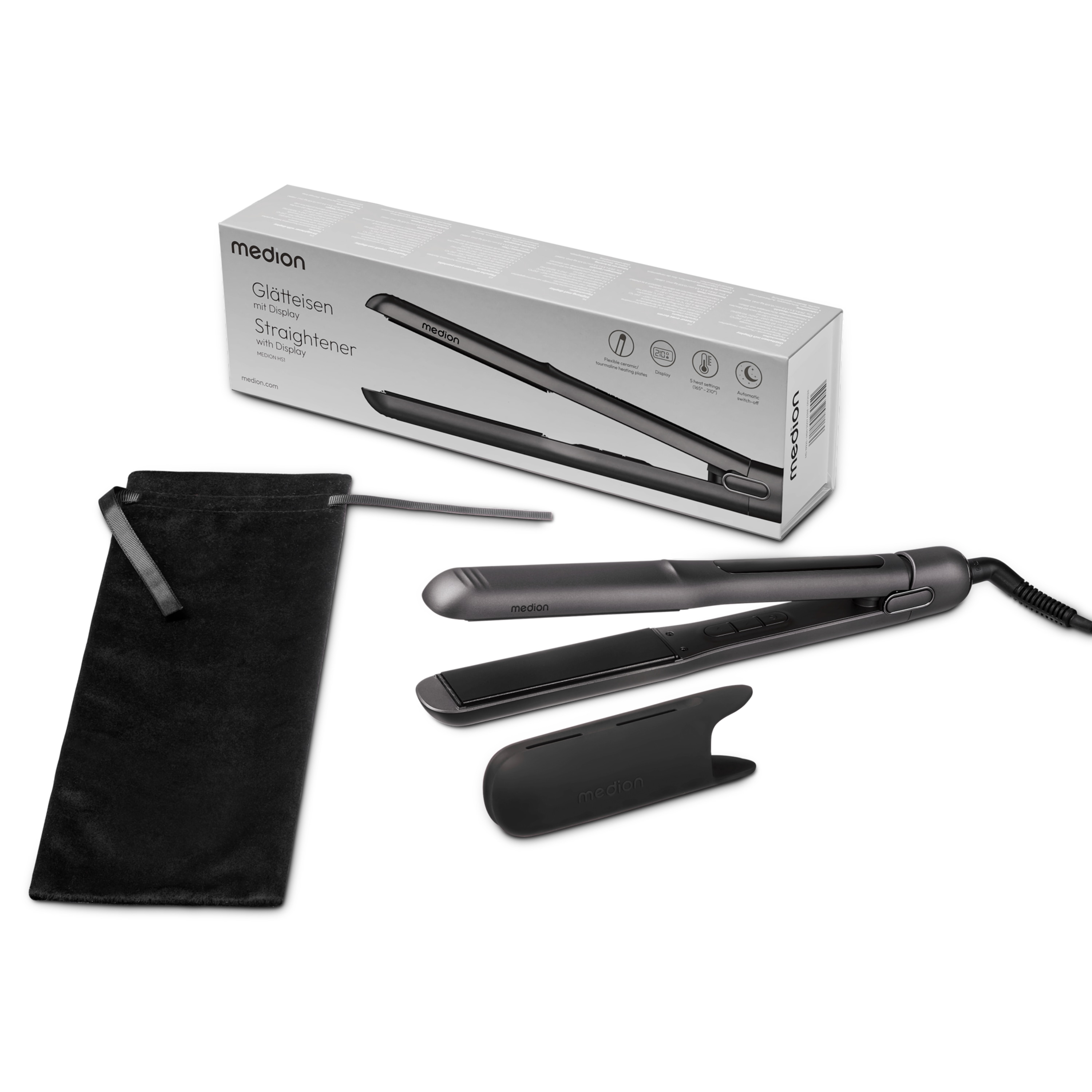 MEDION® LIFE HS1 Glätteisen, flexible Keramik-/Turmalin Heizplatten mit Temperatursensor, Display mit Temperaturanzeige, 5 regelbare Hitzestufen (165° - 210°)