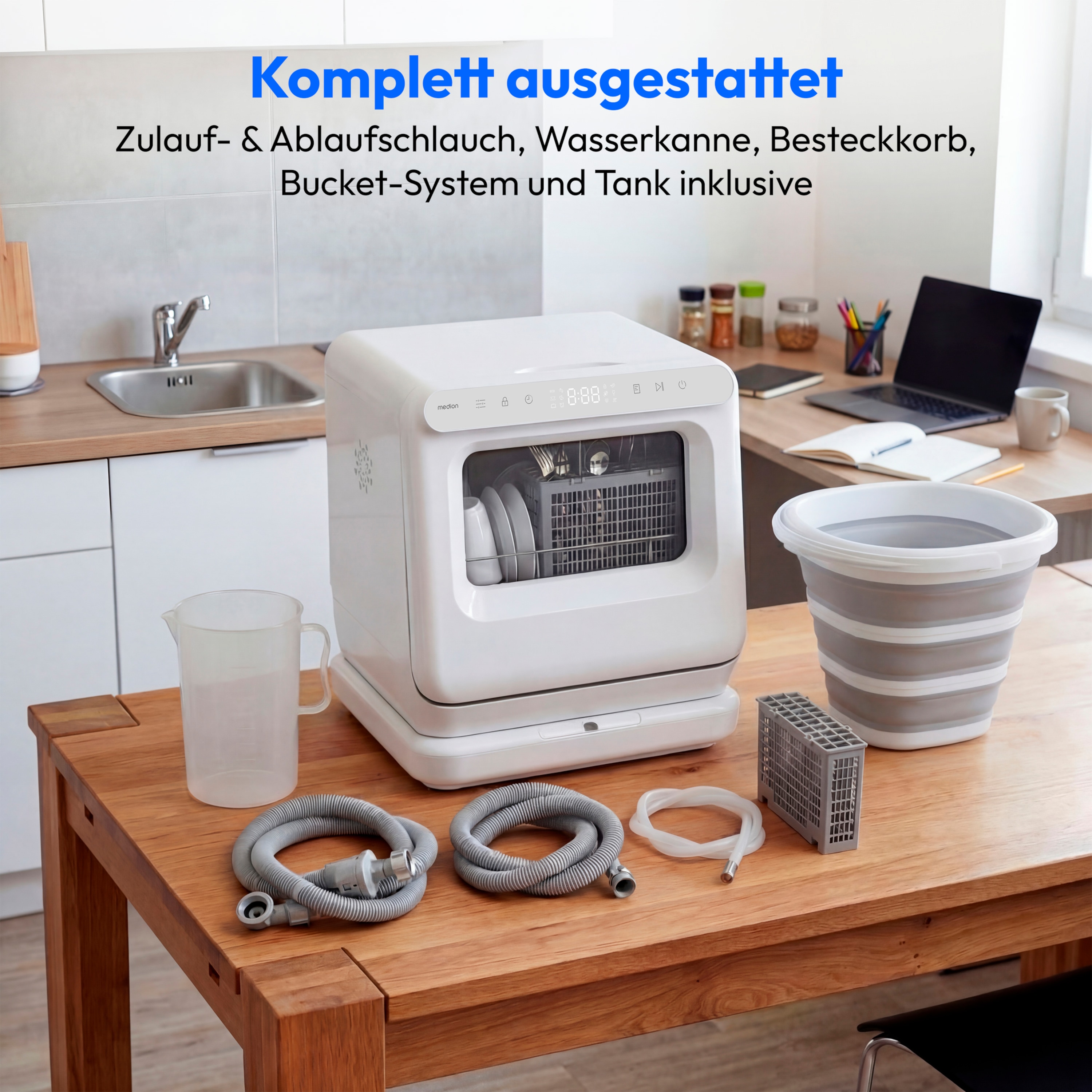 MEDION® LIFE Mini-Geschirrspüler DWT30 (MD370022), 3 Maßgedecke, 3-in-1 Betrieb mit Wassertank, 6 Programme, UV-Licht, Lüfter-Trocknung, LED-Touch-Display