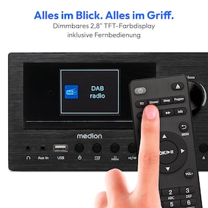 MEDION® LIFE P85003 Micro-Audio-System schwarz, Internet/DAB+/PLL-UKW Stereo-Radio mit je 40 Senderspeichern, 2,8'' TFT-Farbdisplay, Bluetooth® 5.0, CD-Player, WLAN, USB, 2 x 15 RMS