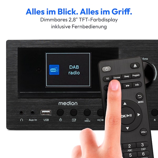 MEDION® LIFE P85003 Micro-Audio-System schwarz, Internet/DAB+/PLL-UKW Stereo-Radio mit je 40 Senderspeichern, 2,8'' TFT-Farbdisplay, Bluetooth® 5.0, CD-Player, WLAN, USB, 2 x 15 RMS