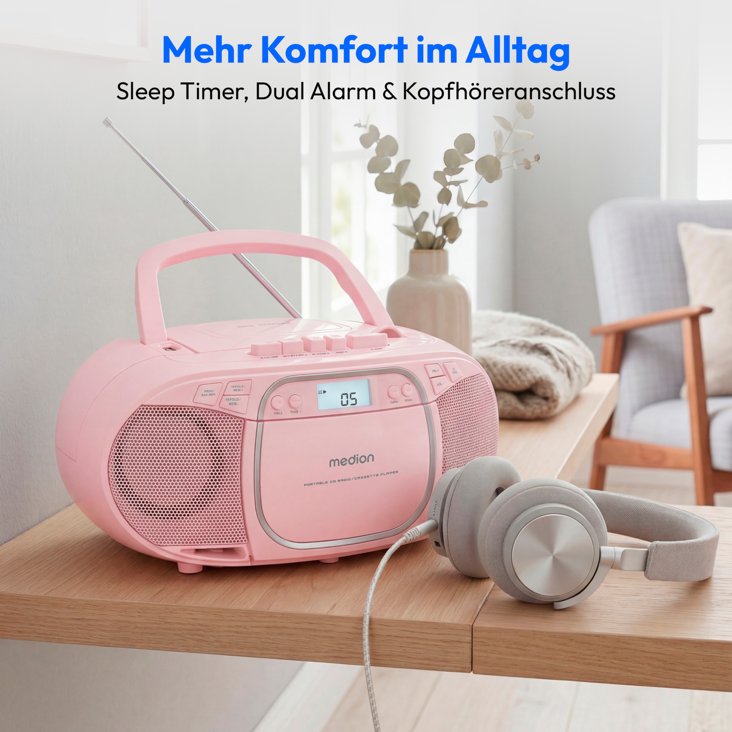 MEDION® LIFE E66476 Tragbare CD-Boombox, CD-Player, Kassettendeck, FM-Radio, USB-MP3-Wiedergabe, 30 Senderspeicher, Batteriebetrieb
