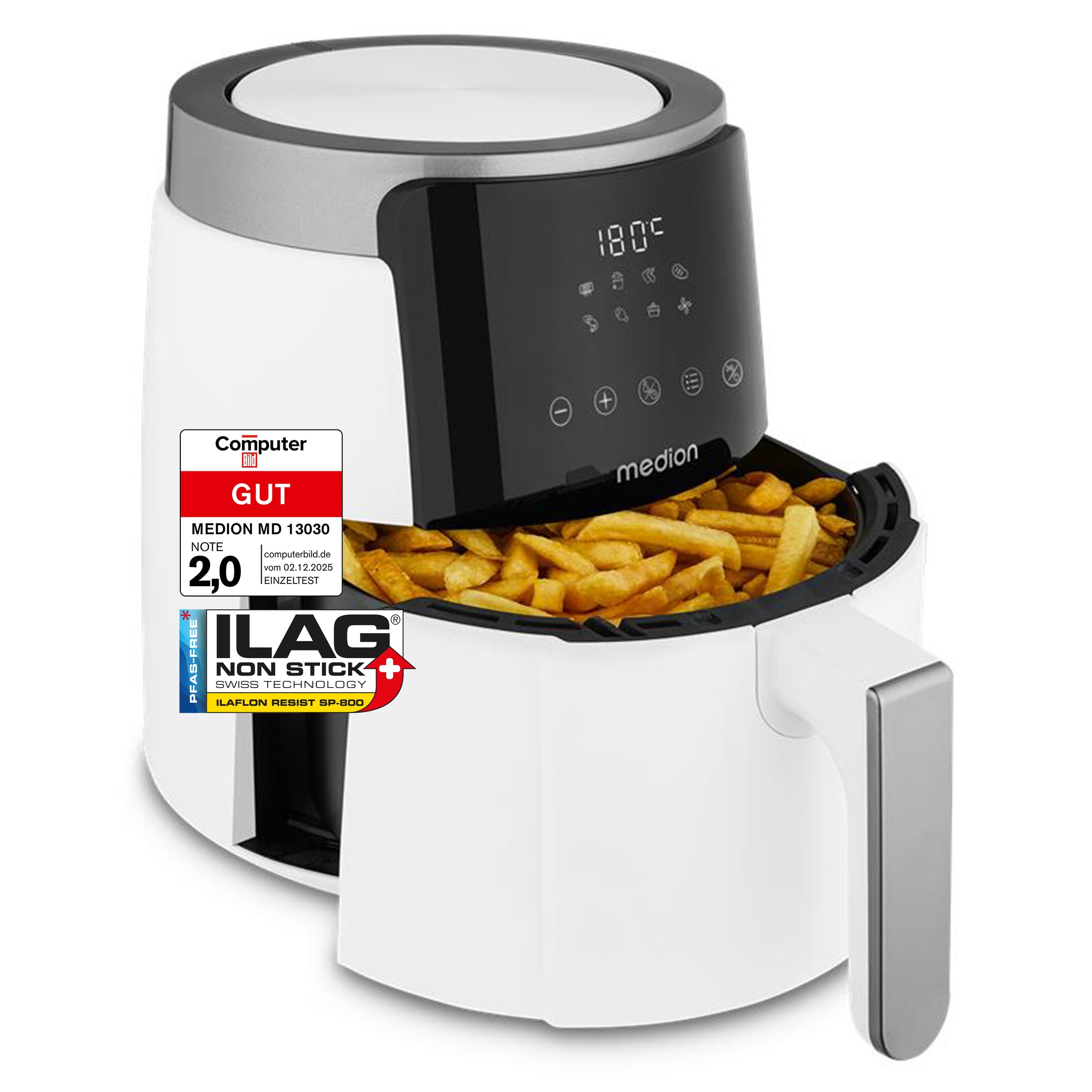 MEDION® LIFE HeißluftFritteuse P40 L (MD13030) weiß, +100 Rezepte in der Life+ App¹, Touch-Sensor- Bedienfeld, 4,7 Liter Fassungsvermögen, 8 Automatikprogramme,1.500 Watt, 60 min. Timer, PFAS-freie Antihaft-Beschichtung