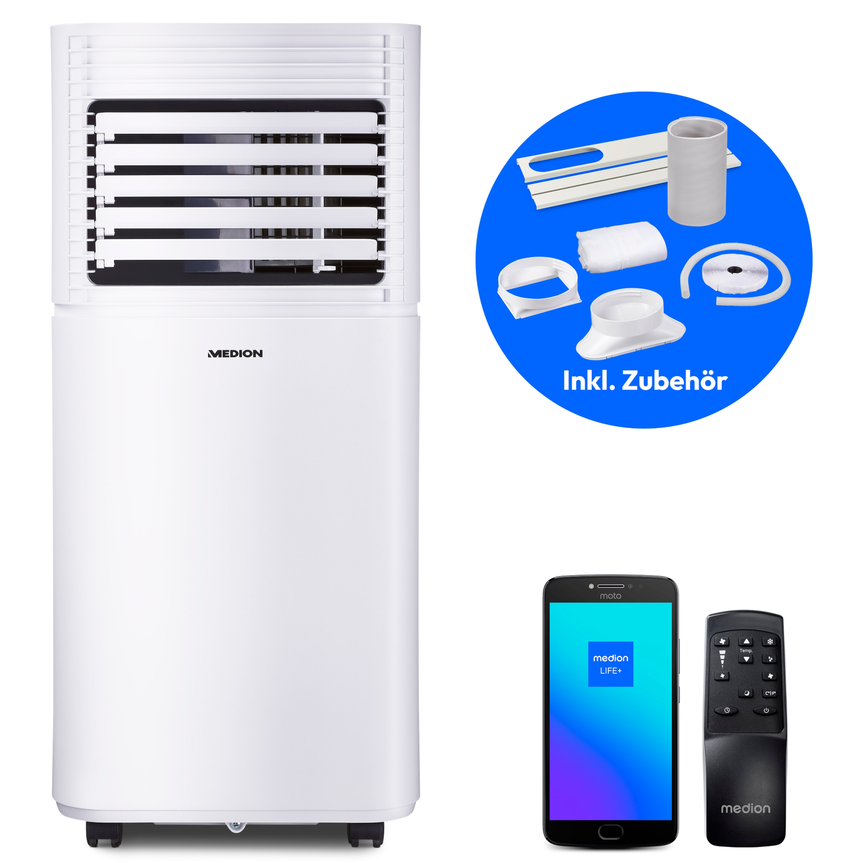 MEDION® LIFE® P901 Klimaanlage (MD 37732), Kühlen, Entfeuchten und Ventilieren, Kühlleistung 9.000 BTU, Kühlmittel R290, max. 32m², App- und Sprachsteuerung, Inkl. Fenster-Kit