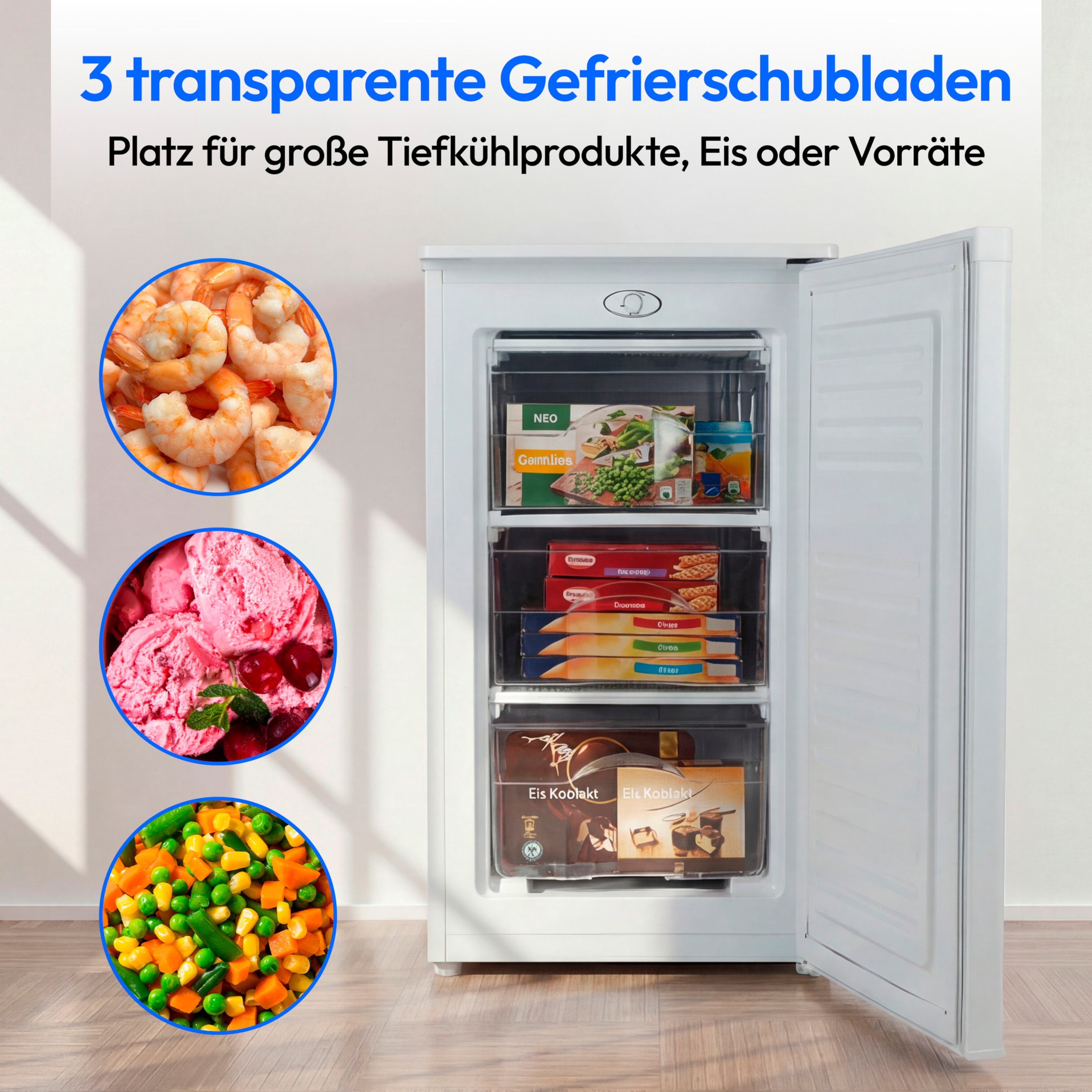MEDION® LIFE Gefrierschrank MD 370031 weiß, 64 l Volumen, stufenlose Temperatureinstellung, wechselbarer Türanschlag, 3 Schubladen