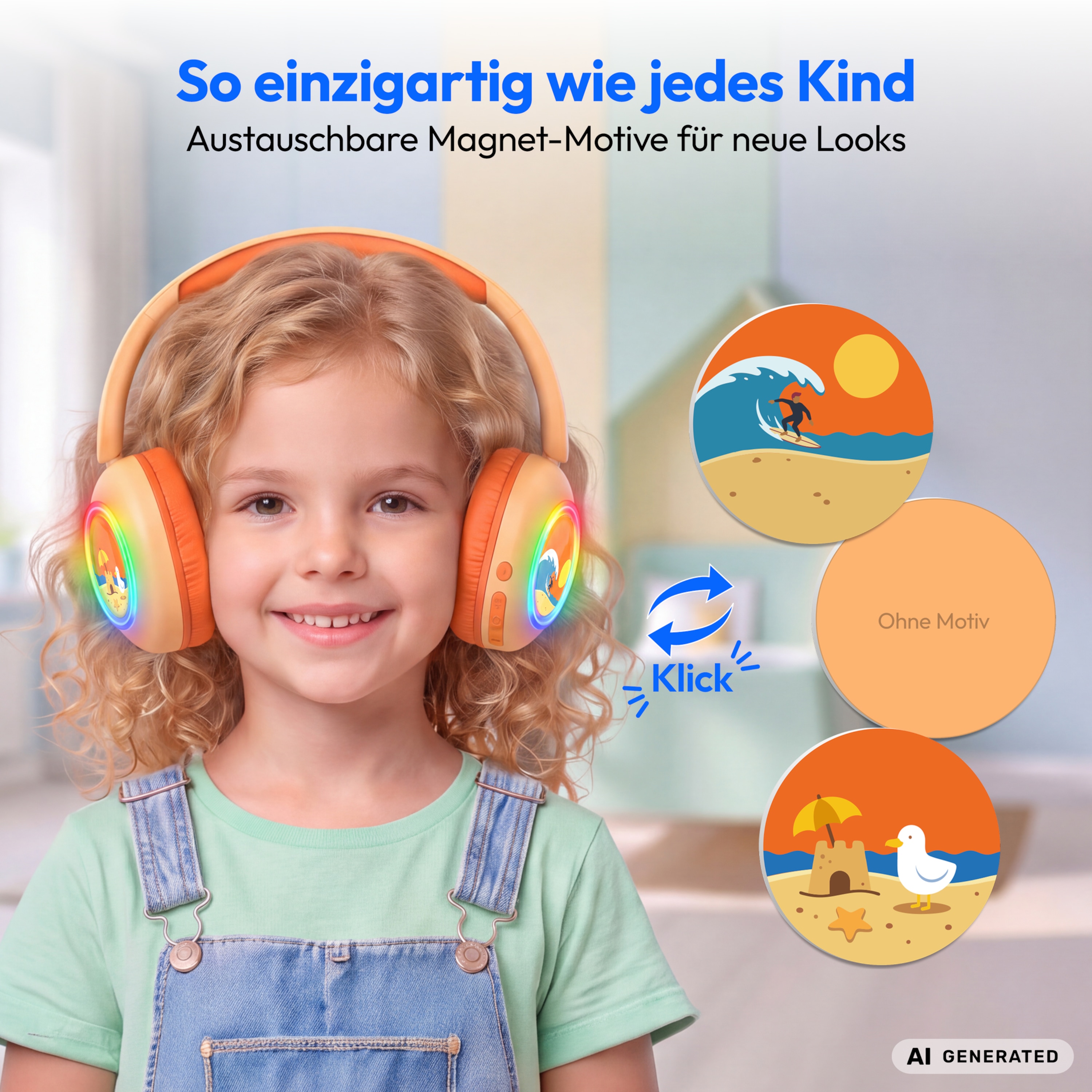 MEDION® LIFE HE-1 Kids Bluetooth Kinderkopfhörer, 3-stufiger Gehörschutz, bis zu 85 Std. Akkulaufzeit, MP3-Player, Bluetooth 5.4, AUX & microSD, LED-Lichtring, austauschbare Designs
