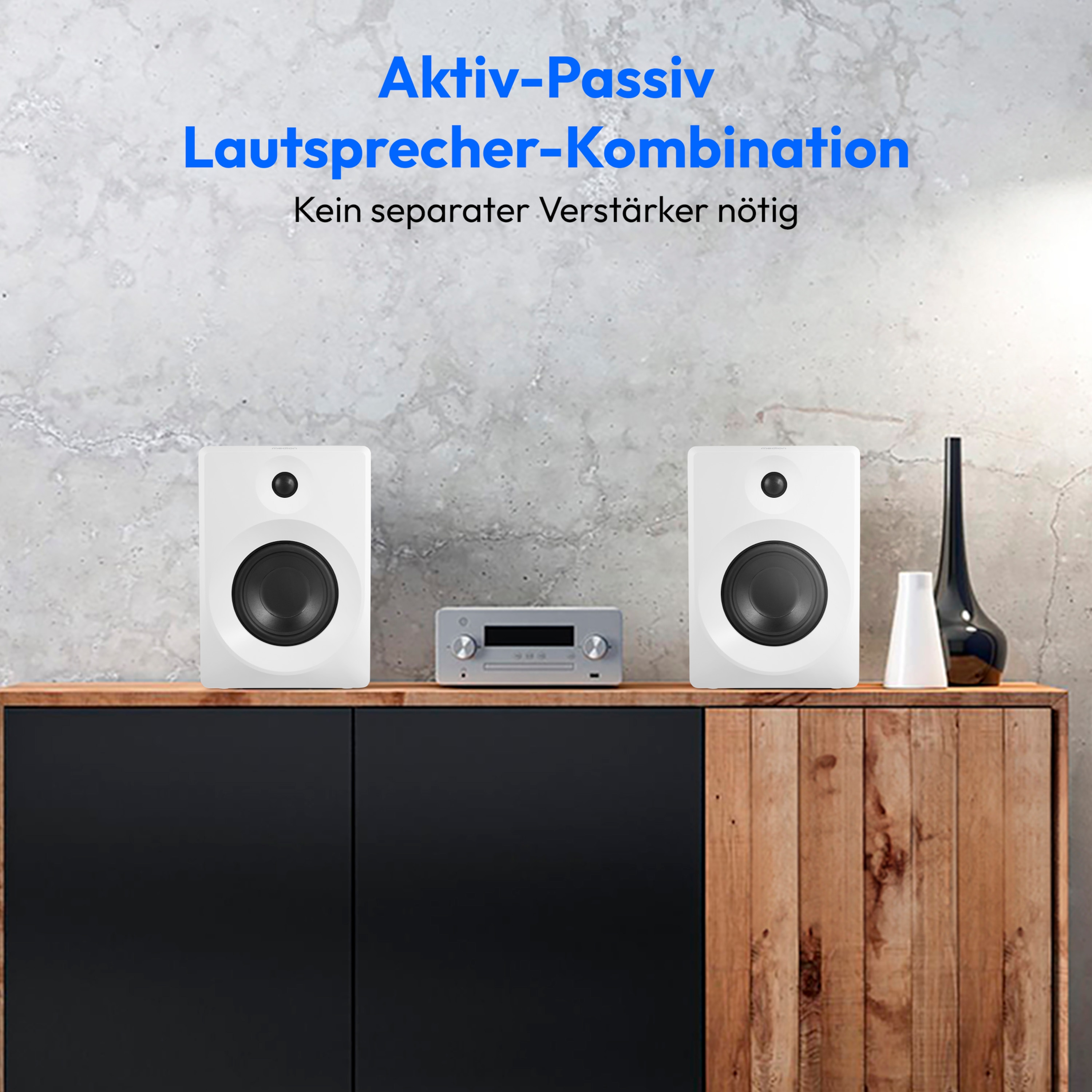 MEDION® LIFE® P61925 Regallautsprecher, aktiver & passiver Lautsprecher, 2-Wege-System, Bluetooth® 5.0, Stereo-Sound mit integriertem Hochtöner und Subwoofer, 2 x 50 W RMS
