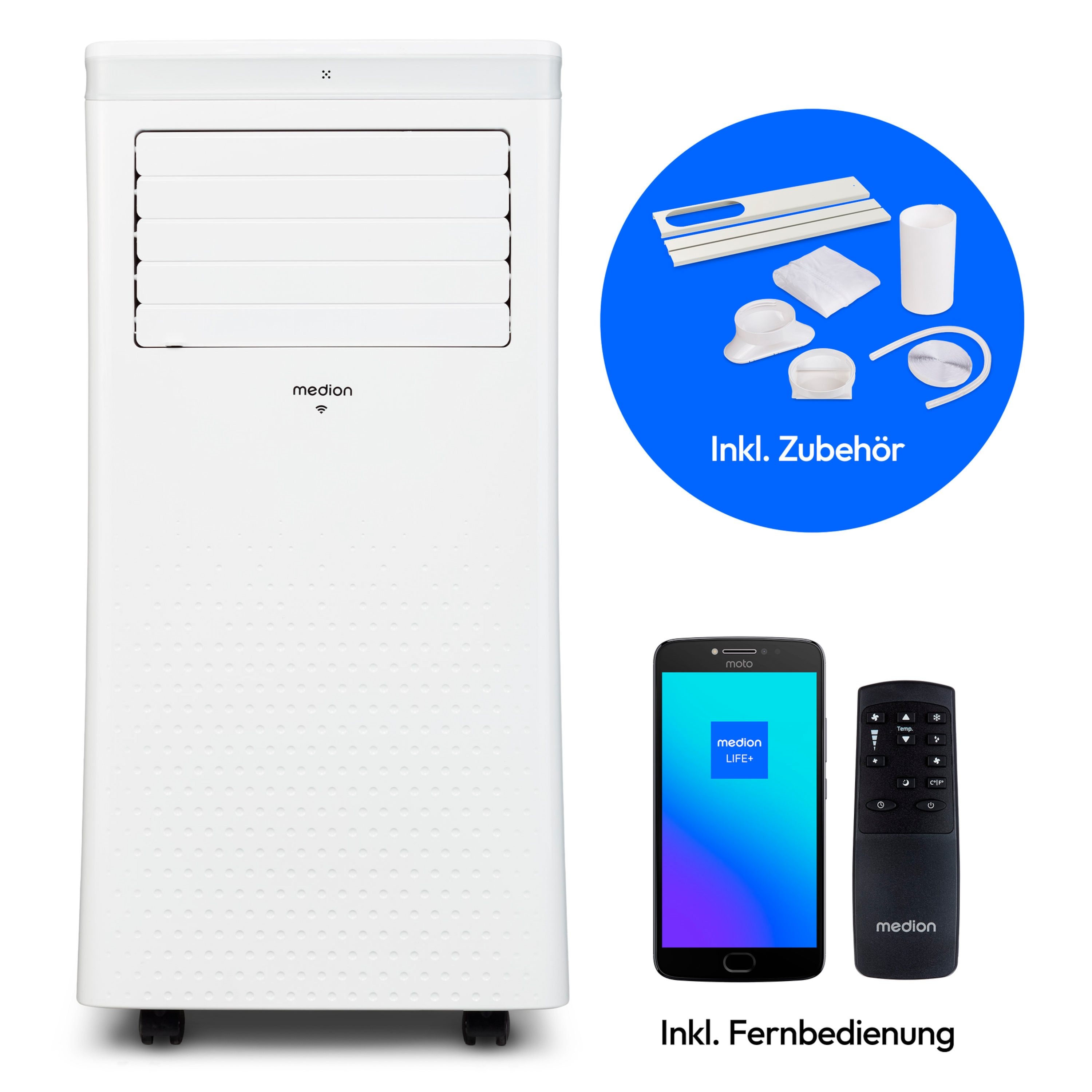 MEDION® LIFE® P1002 Klimaanlage (MD 37733), Kühlen, Entfeuchten und Ventilieren, Kühlleistung 10.000 BTU, Kühlmittel R290, max. 34m², App- und Sprachsteuerung, Inkl. Fenster-Kit