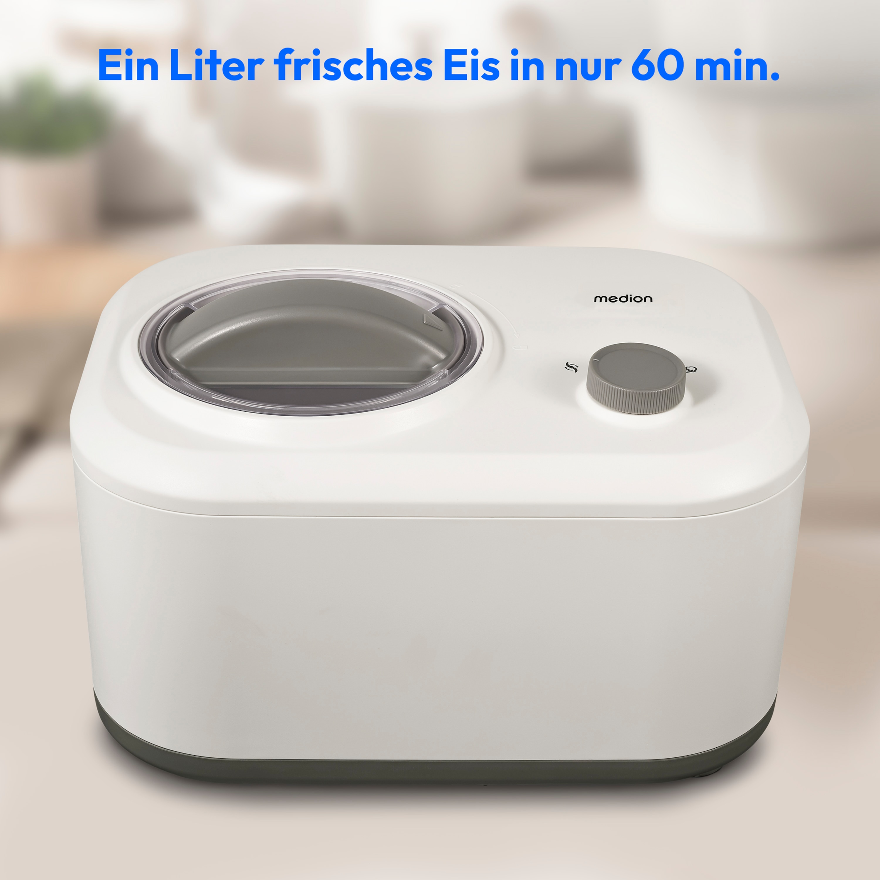 MEDION® LIFE® Eismaschine MD 10169, Kapazität für 1 L Eis, kein Vorkühlen notwendig, entnehmbarer Aluminium-Eisbehälter, geeignet für die Zubereitung von Eiscreme, Frozen Yoghurt & Sorbet