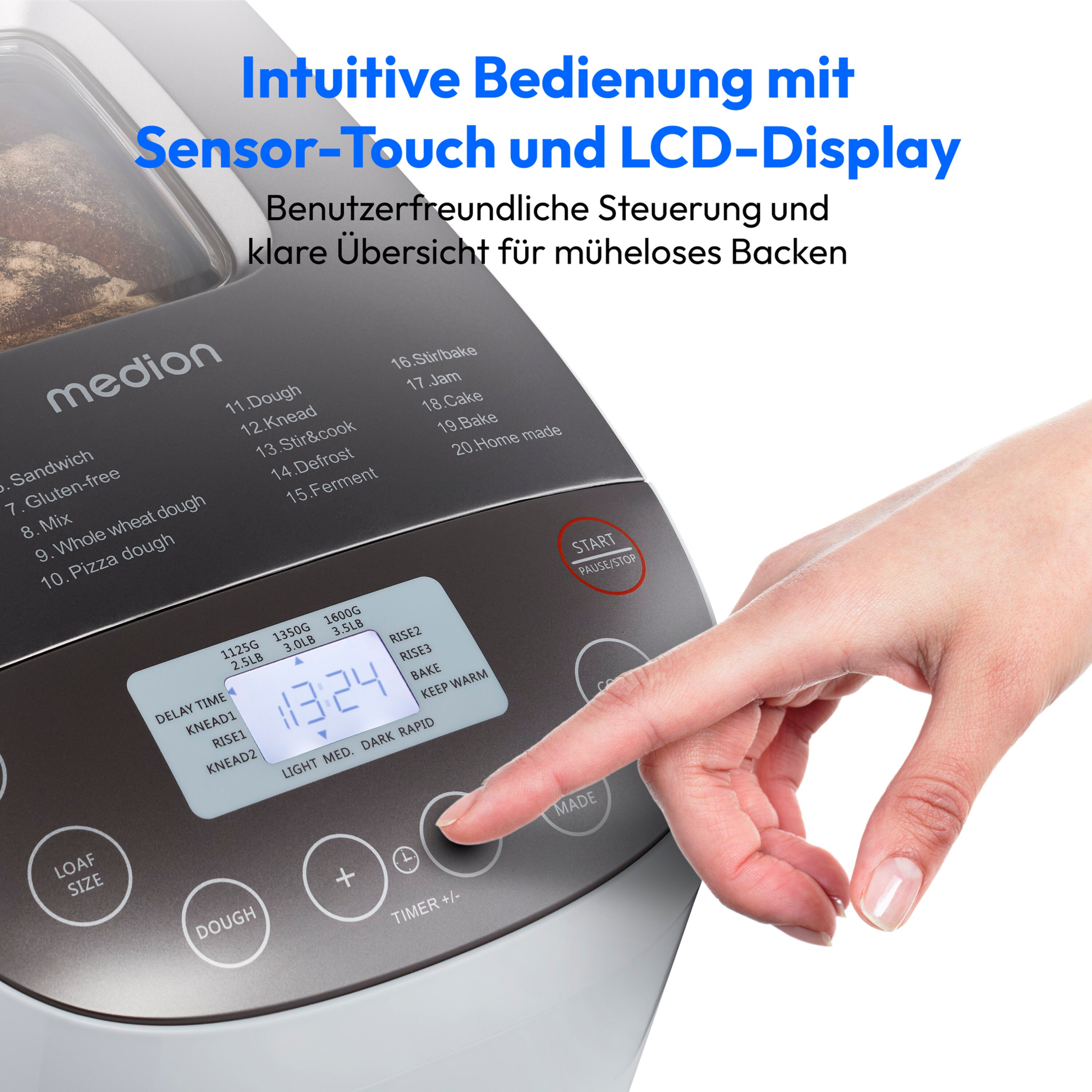 MEDION® LIFE® Brotbackautomat  MD 12040, 20 Backprogramme, 3 wählbare Bräunungsgrade, 950 Watt, bis zu 1.600g Fassungsvermögen