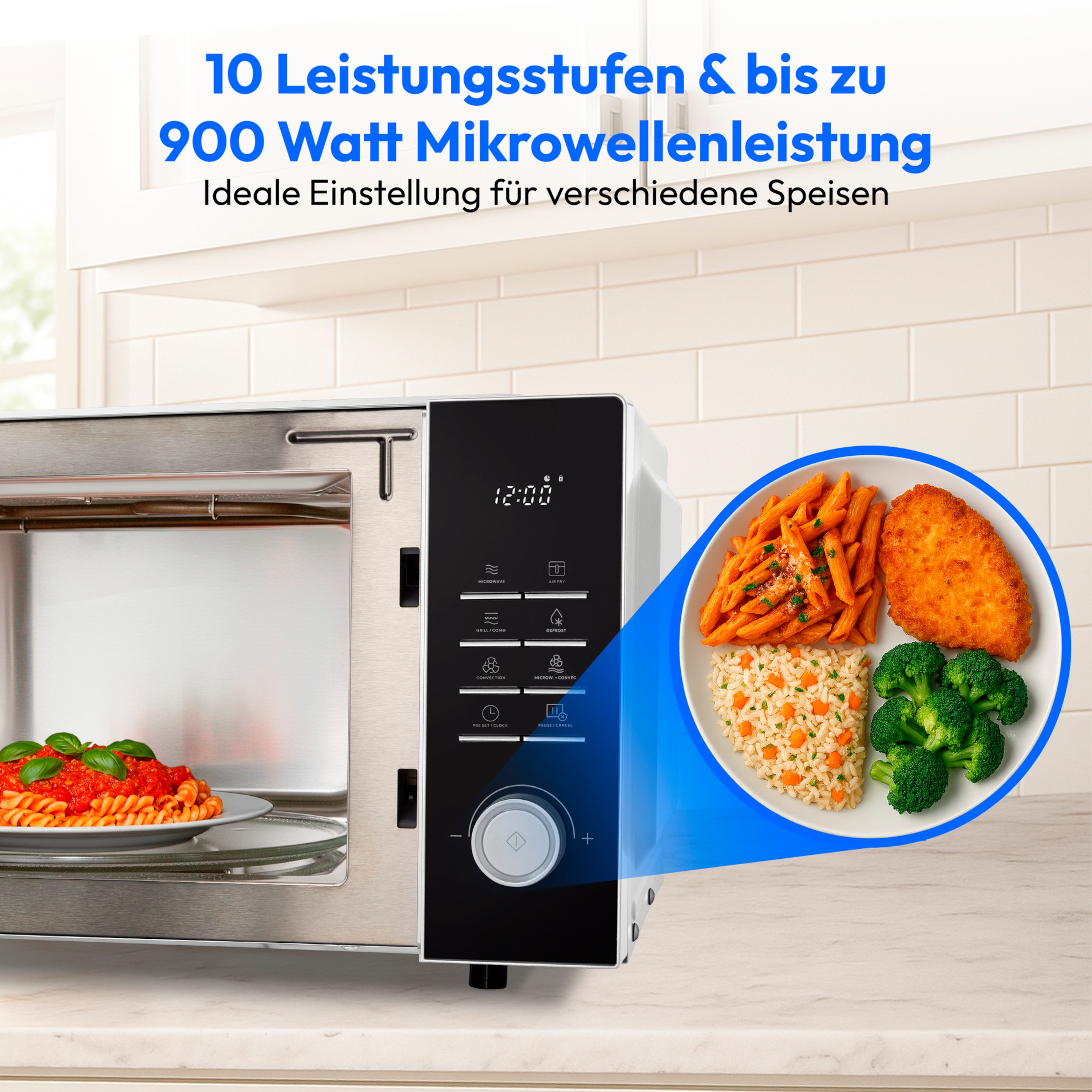 MEDION® LIFE® 3-in-1 Mikrowelle MD 12231, 900 W Leistung, Grill- und Heißluftfunktion, 25 L kompakt, 10 Leistungsstufen, Auftaufunktion, Timerfunktion