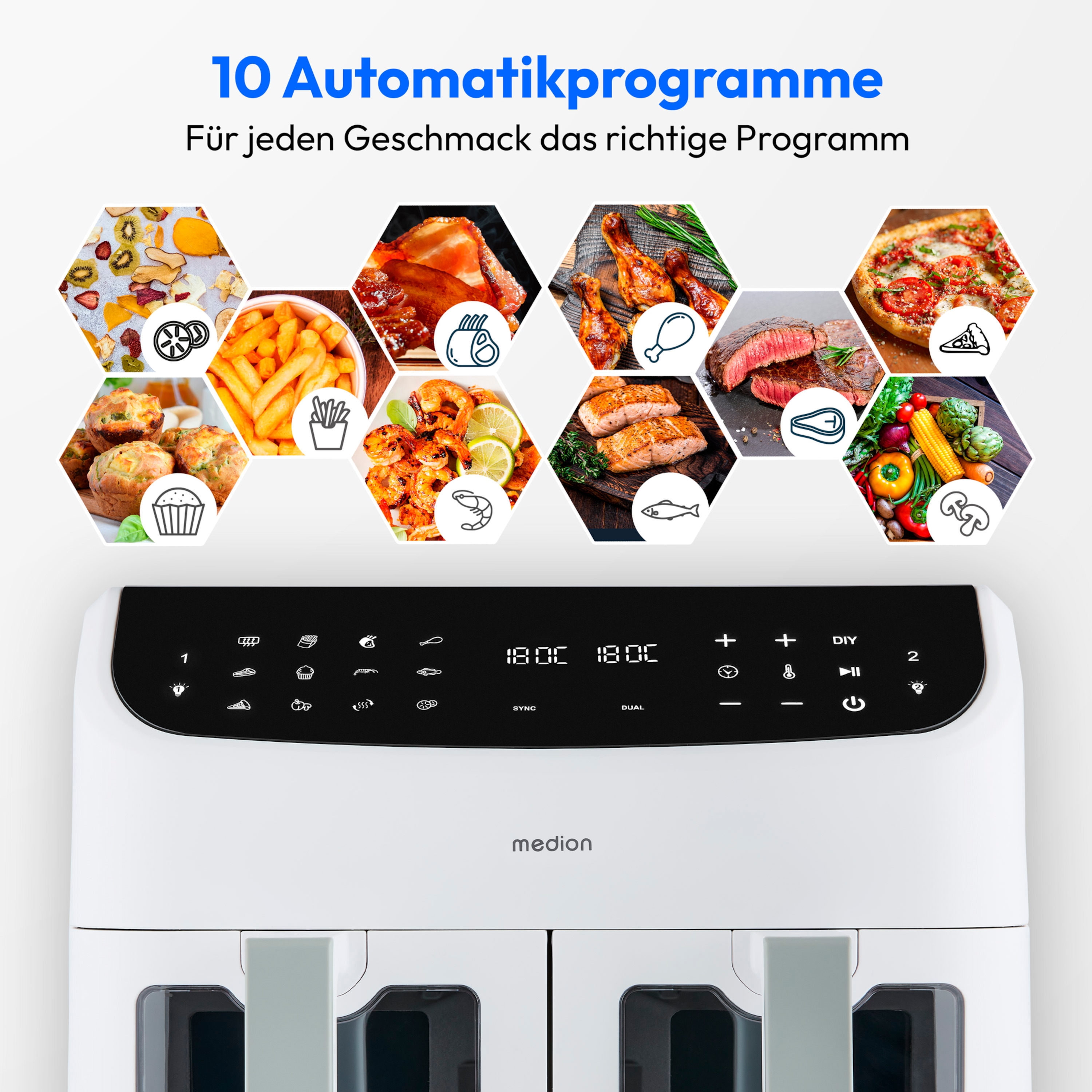 MEDION® LIFE® P20 XXL Twin Matt Doppelzonen-Heißluftfritteuse MD11760, 100 Rezepte in der Life+ App, 2 separate Garzonen, 9 Automatikprogramme, 8,7 L Gesamt-Nutzinhalt, 2.600 Watt, Temperatur einstellbar bis 200 °C