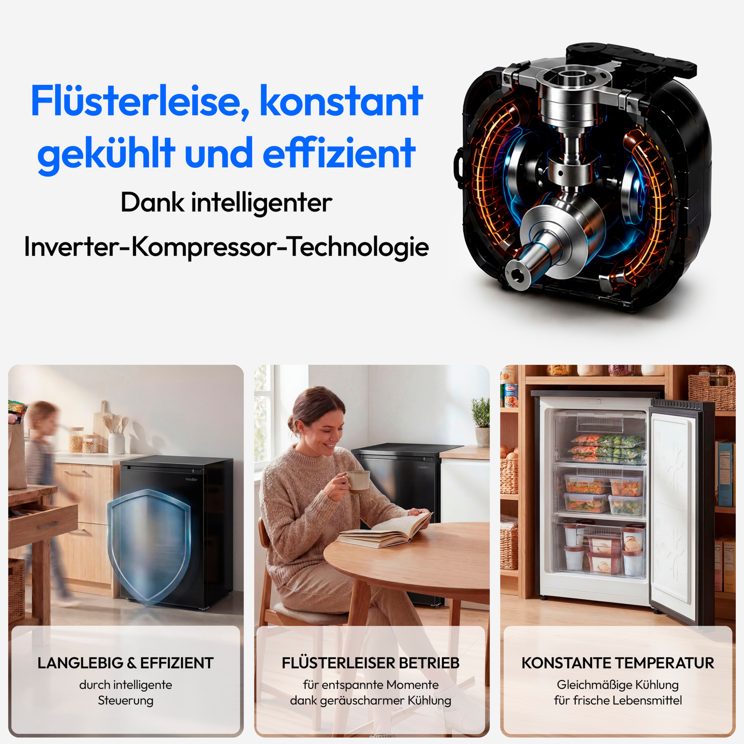 MEDION® LIFE Gefrierschrank MD370018 Schwarz, 85 L Nutzinhalt, 3 Türfächer, manuelle Abtauung, Temperaturbereich 0–5 °C, Energieklasse C, leiser Kompressorbetrieb (39 dB), wechselbarer Türanschlag