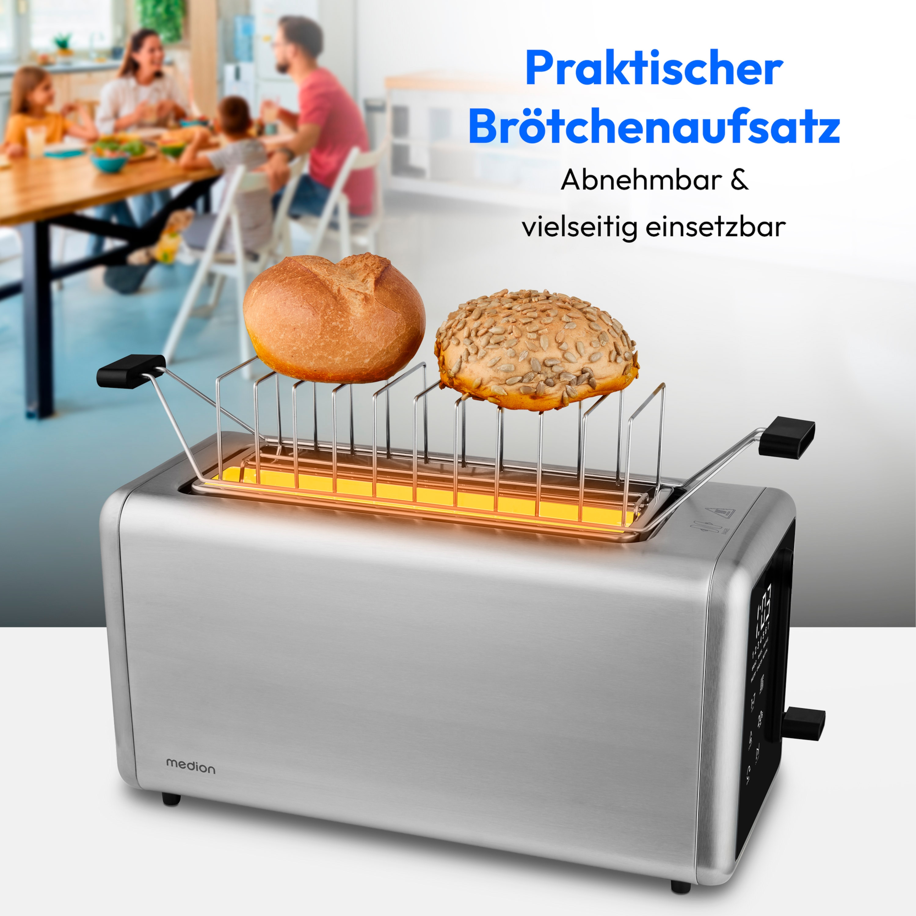 MEDION® MEDION LIFE Toaster MD12103, 2 lange Toastschlitze für bis zu 4 Toasts, LED Sensor-Touch-Display, 7 Bräunungsstufen und 5 Automatikprogramme