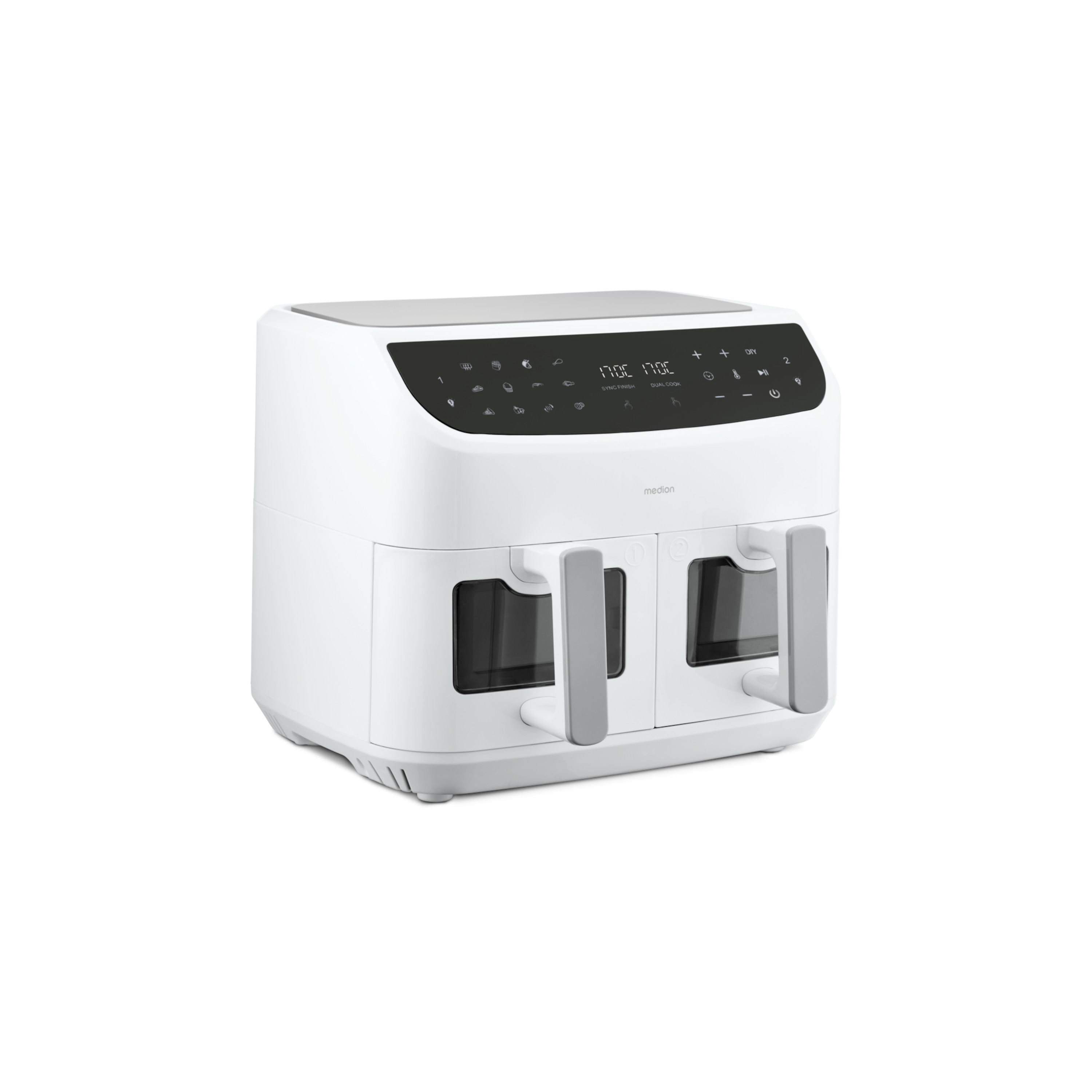 MEDION® LIFE® P20 XXL Twin Doppelzonen-Heißluftfritteuse MD 11760, 100 Rezepte in der Life+ App, 2 separate Garzonen, 9 Automatikprogramme, 8,7 L Gesamt-Nutzinhalt, 2.600 Watt, Temperatur einstellbar bis 200 °C