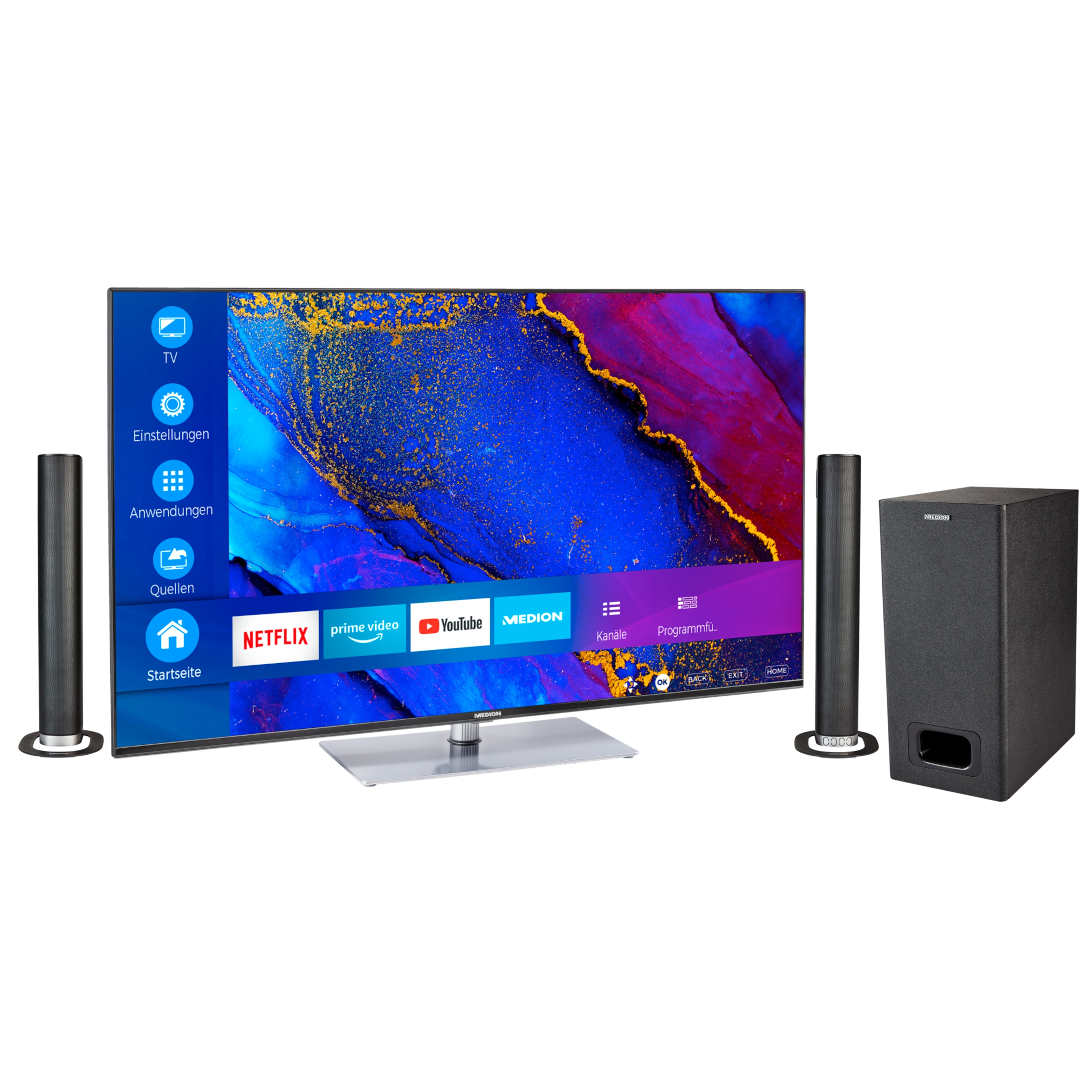 MEDION® LIFE® X14312 108 cm (43'') Ultra HD Smart-TV + P61220 TV-Soundbar mit Bluetooth & Subwoofer - ARTIKELSET