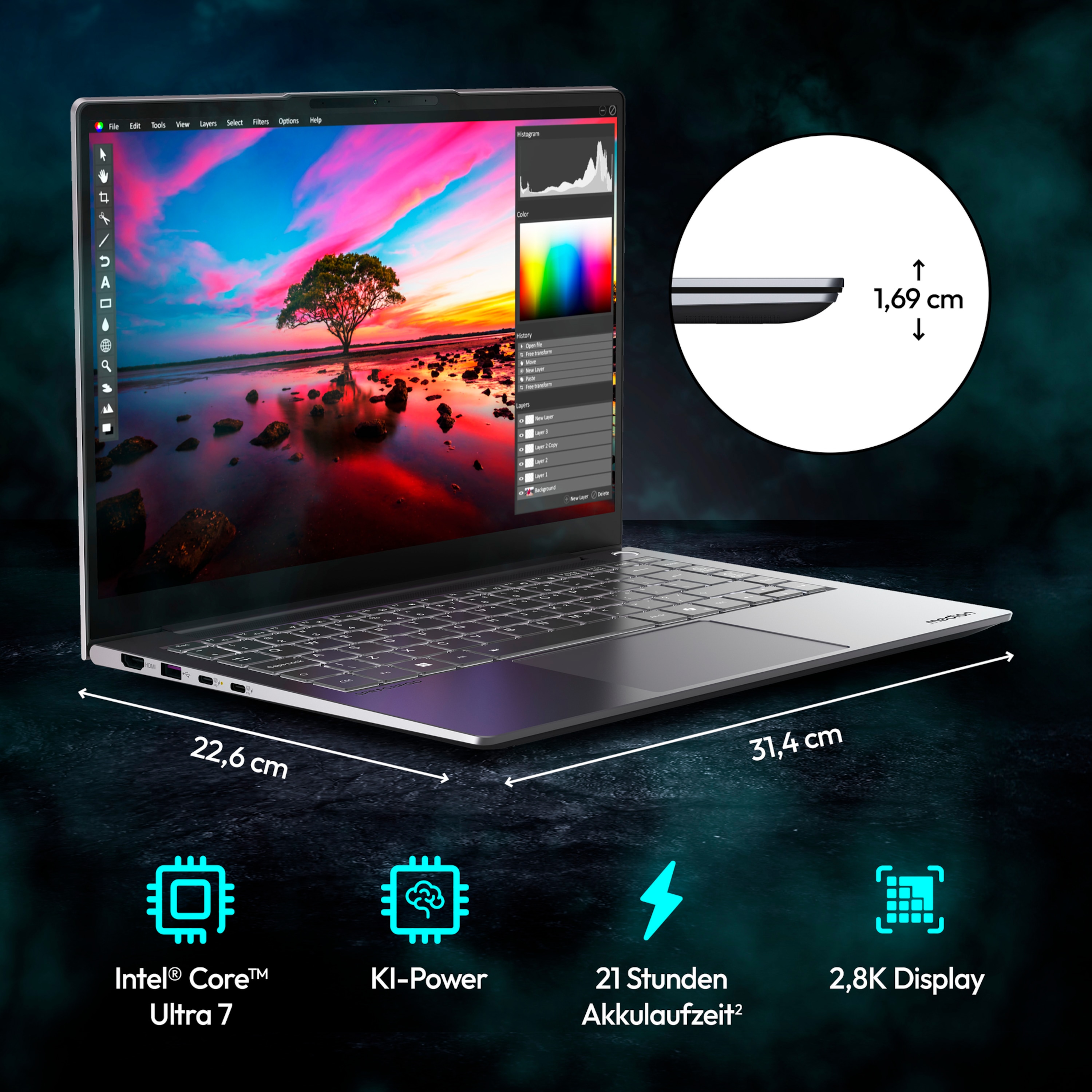 MEDION® SPRCHRGD 14 S2; Copilot+ PC, Intel® Core™ Ultra 7 258V , Windows 11 Home, 35,56 cm (14“) 2,8K Display, 1 TB SSD, 32 GB RAM