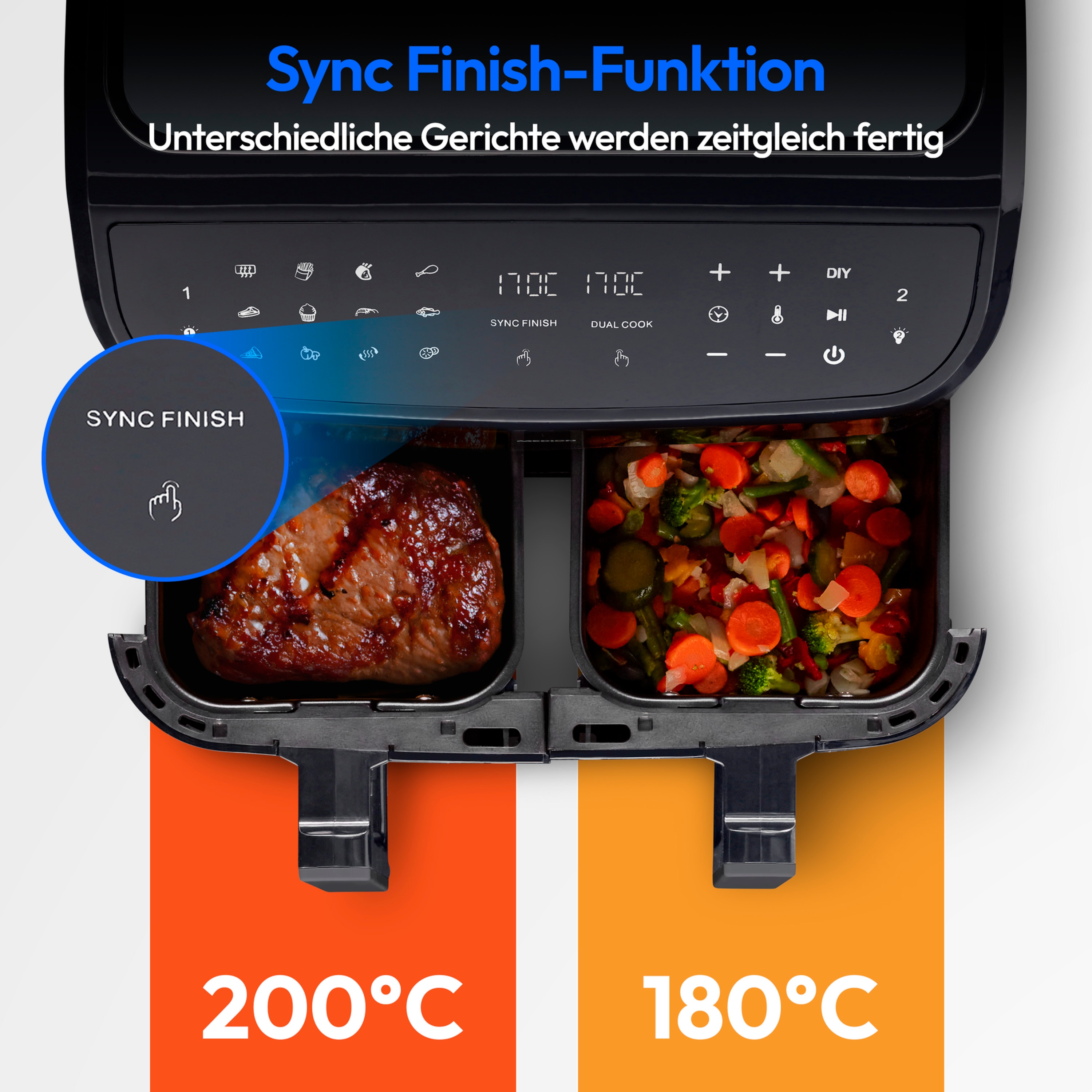 MEDION® LIFE® P20 XXL Twin Doppelzonen-Heißluftfritteuse MD 11760, 100 Rezepte in der Life+ App, 2 separate Garzonen, 9 Automatikprogramme, 8,7 L Gesamt-Nutzinhalt, 2.600 Watt, Temperatur einstellbar bis 200 °C