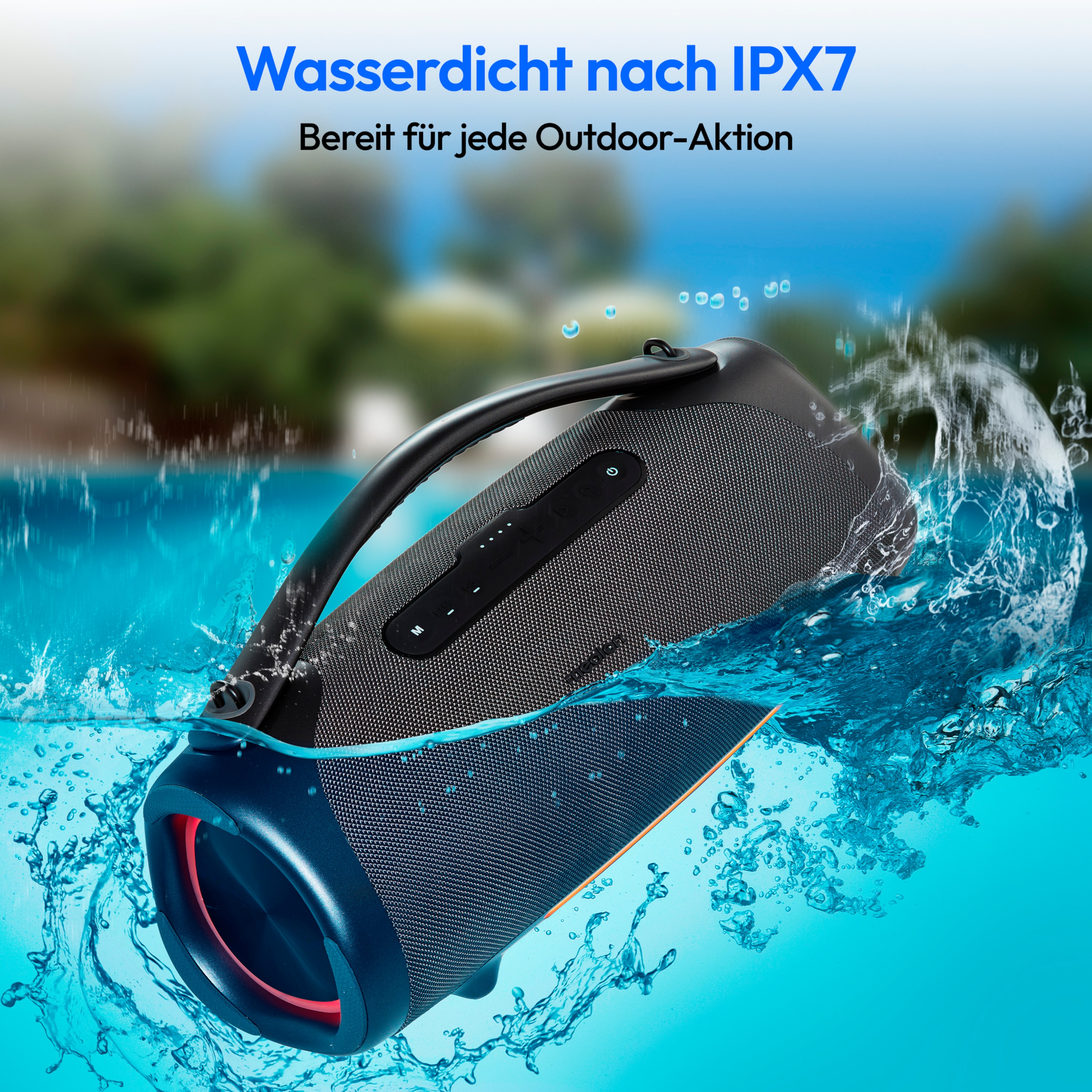 MEDION® LIFE® P61768 Tragbarer Bluetooth® Lautsprecher XL, Dual Illuminated & Lightstrip (RGB-Lichteffekte), Bluetooth® 5.3, integrierter Akku mit bis zu 30 Stunden Laufzeit, robustes & mobiles Design, 2 x 25 W + 50 W RMS