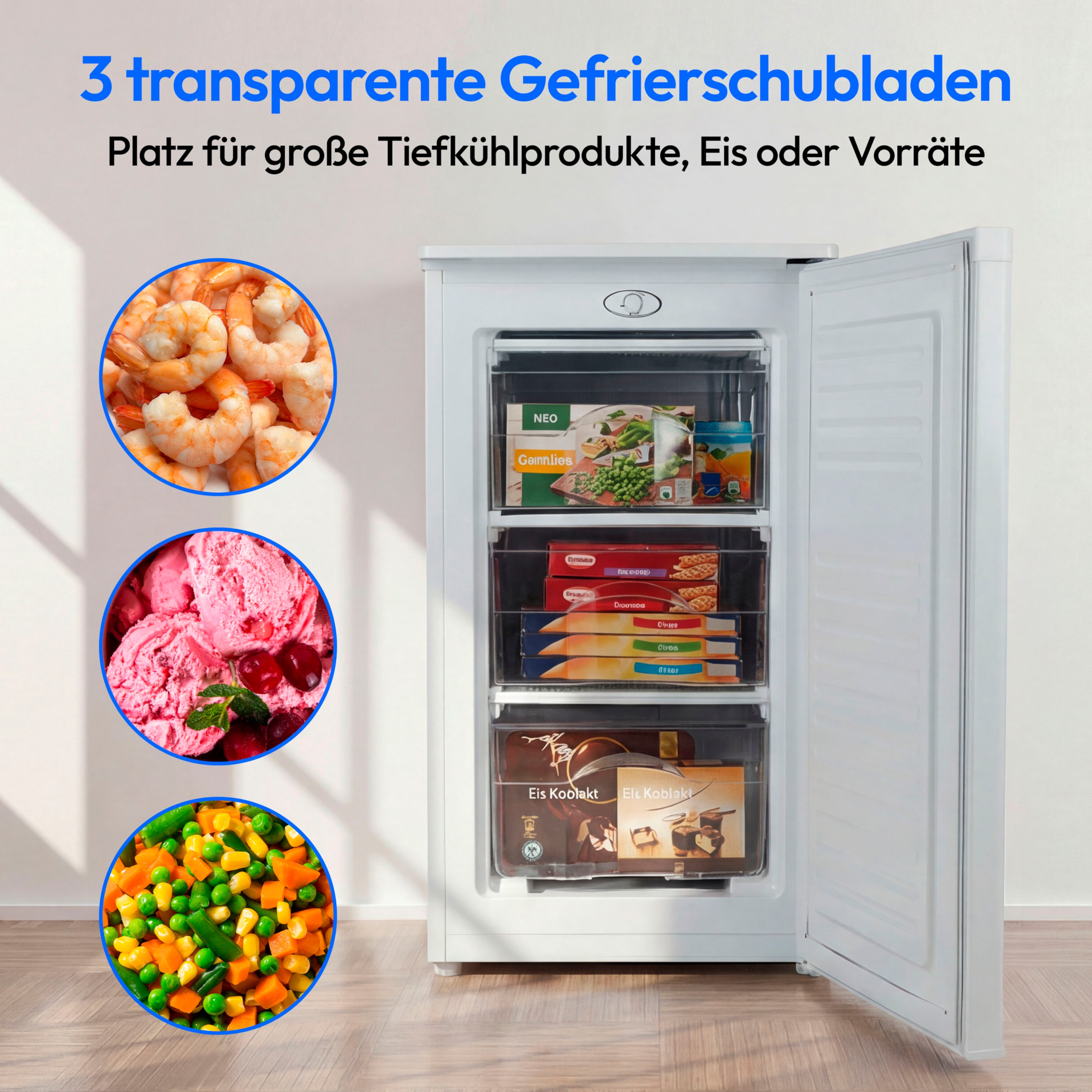 MEDION® LIFE Gefrierschrank MD 37688, 64 l Volumen, mechanische Temperatureinstellung, wechselbarer Türanschlag, 3 Schubladen