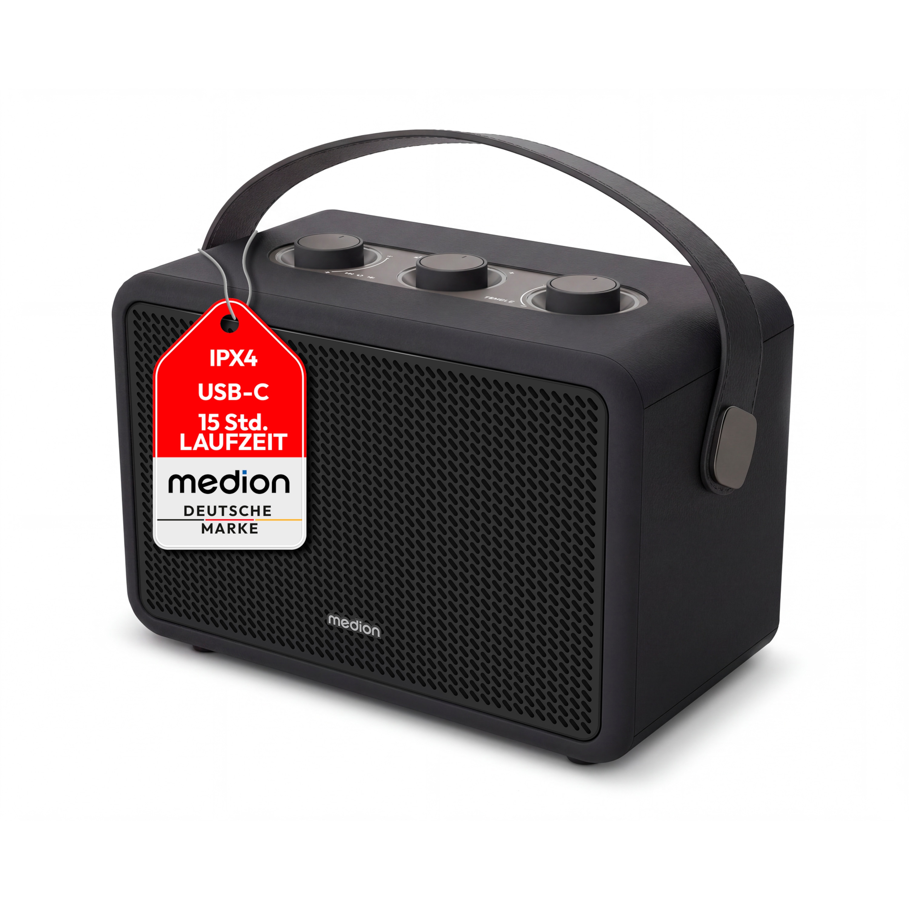 MEDION® LIFE BXO-1 Bluetooth® Lautsprecher schwarz, 2 x 15W RMS, integrierter Akku mit bis zu 15 Stunden Laufzeit, Bluetooth® 5.3, robustes & mobiles Design